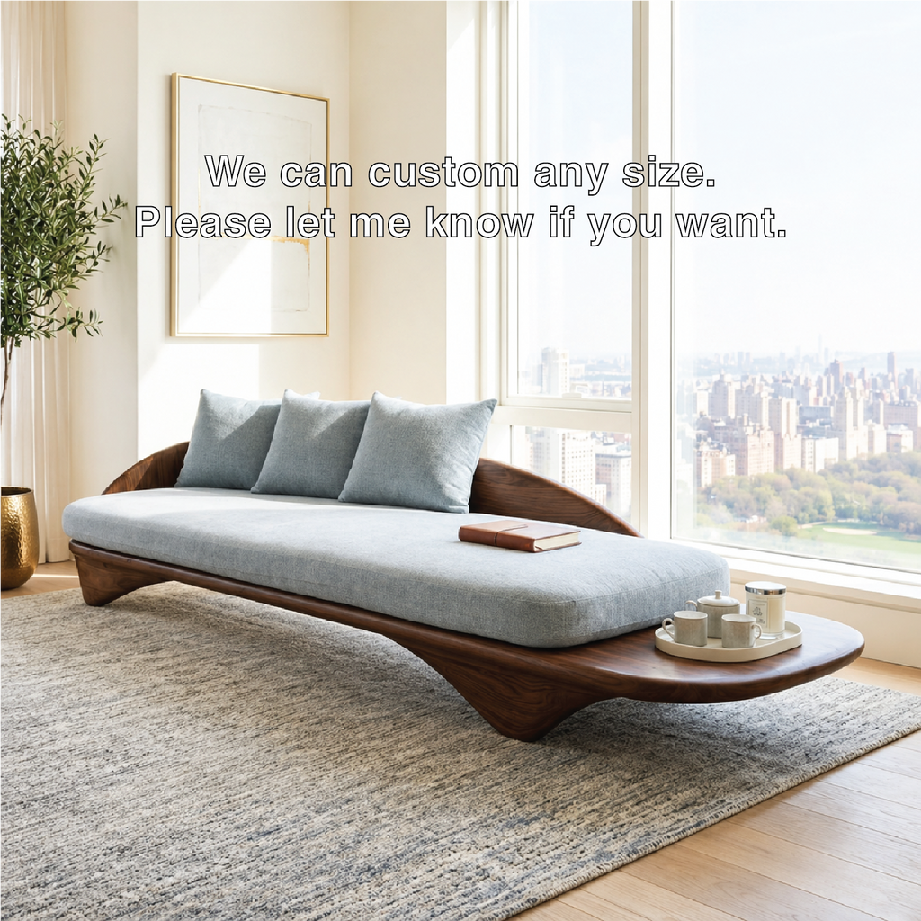 Sculptural Curved Upholstered Daybed With Side Tray, Blue Cushions, Lounge Bench