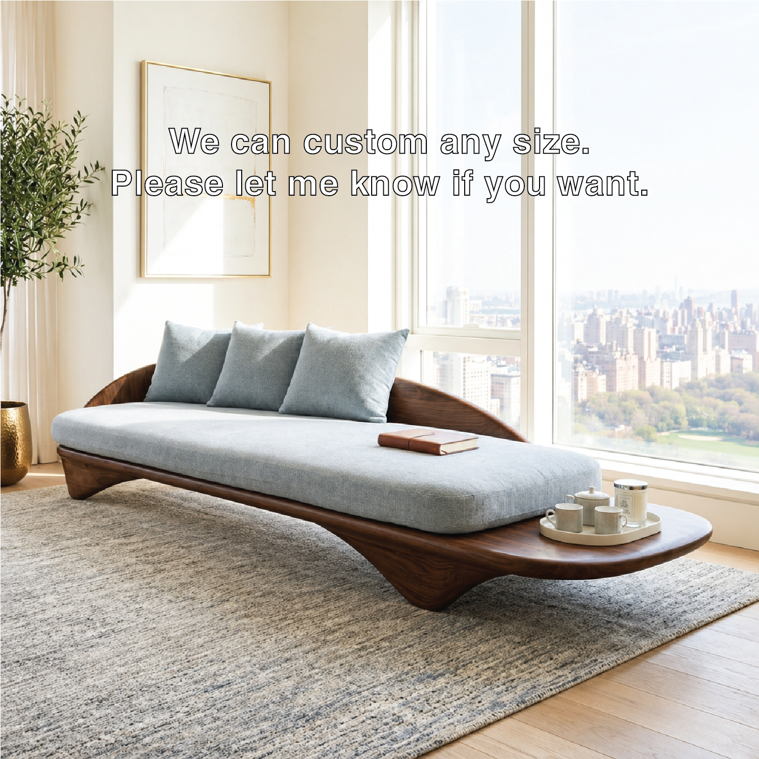 Sculptural Curved Upholstered Daybed With Side Tray, Blue Cushions, Lounge Bench