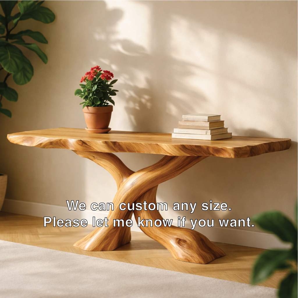 Solid Wood Entryway Console Table with Twisted Trunk Base and Natural Live Edge