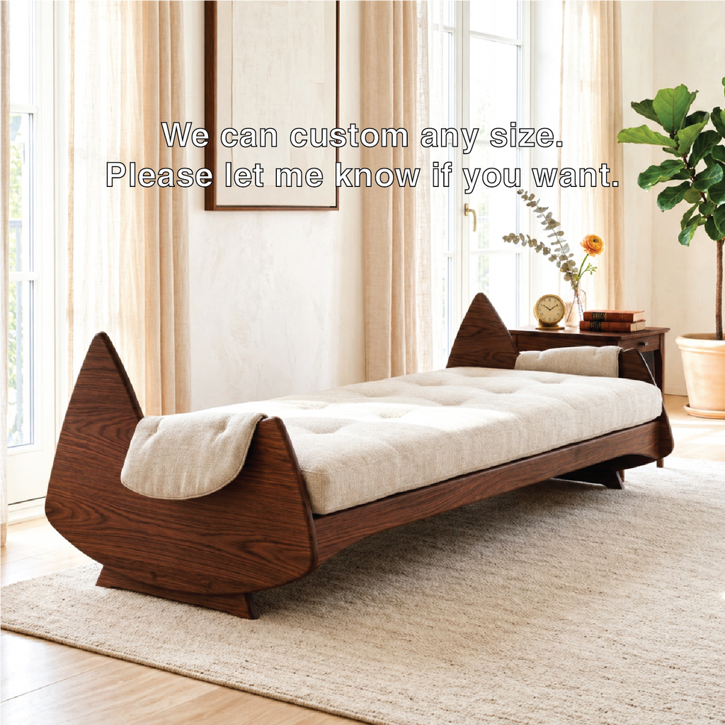Sculptural Upholstered Daybed With Arched Ends, Cream Cushion, Bedroom Lounge Bench