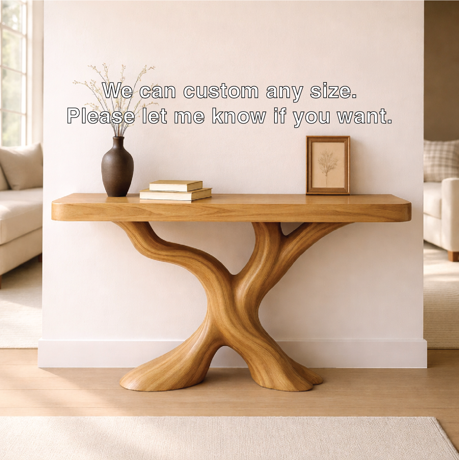 Organic Solid Wood Console Table, Sculptural Tree Base Entryway Hallway Furniture