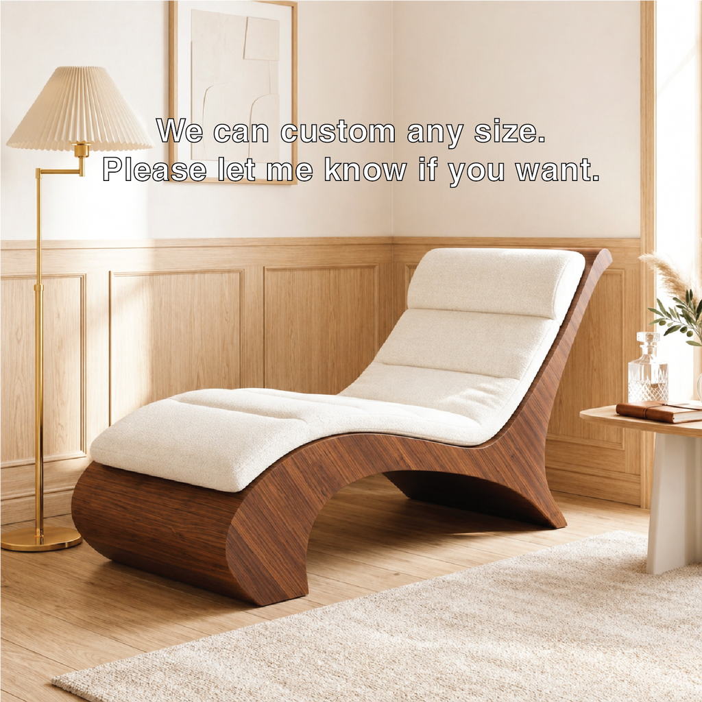 Sculptural Upholstered Chaise Lounge With Curved Frame, Cream Cushion, Reading Nook