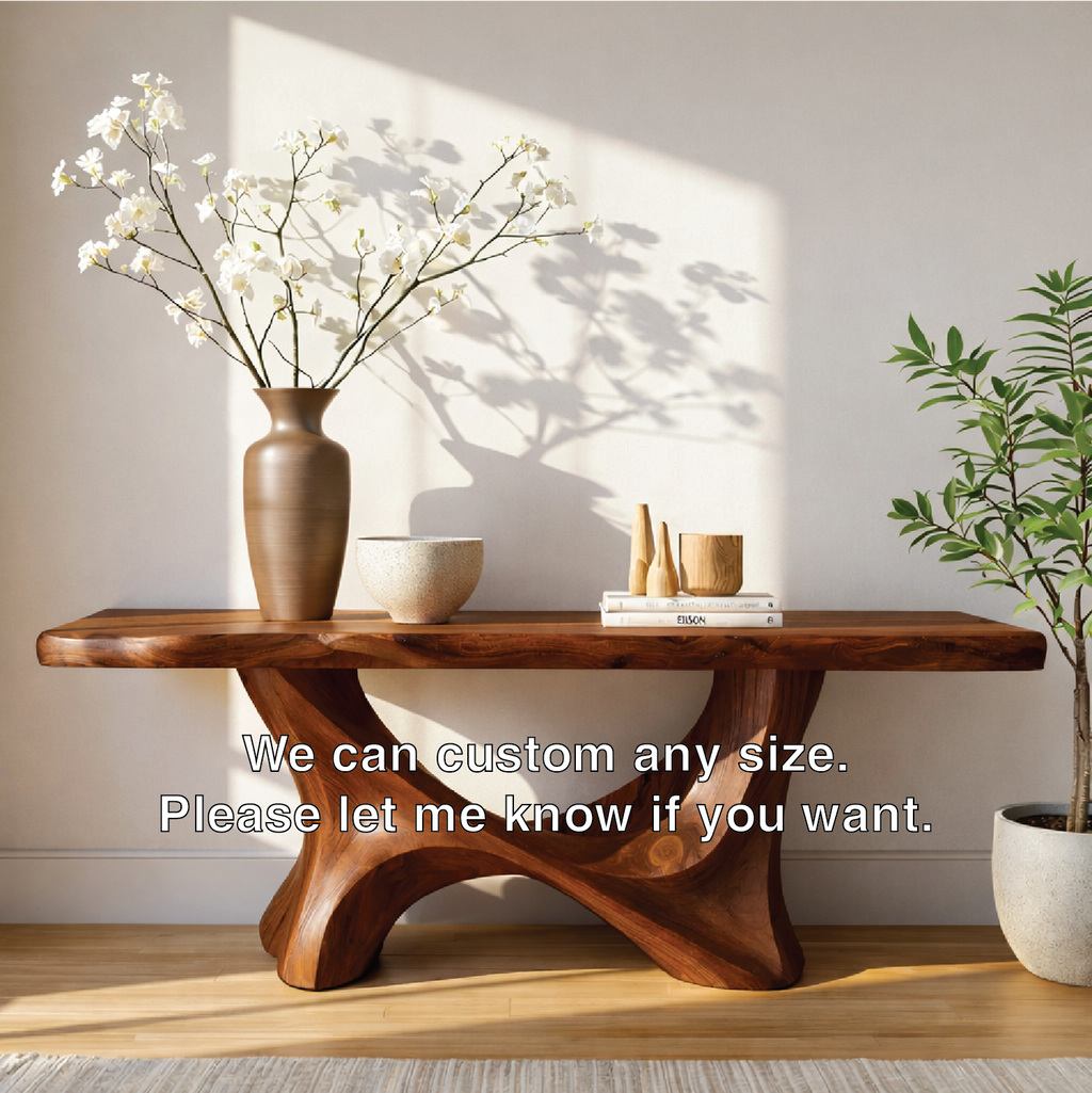 Handcrafted Solid Wood Console Table with Sculptural Organic Base and Live Edge Natural Finish