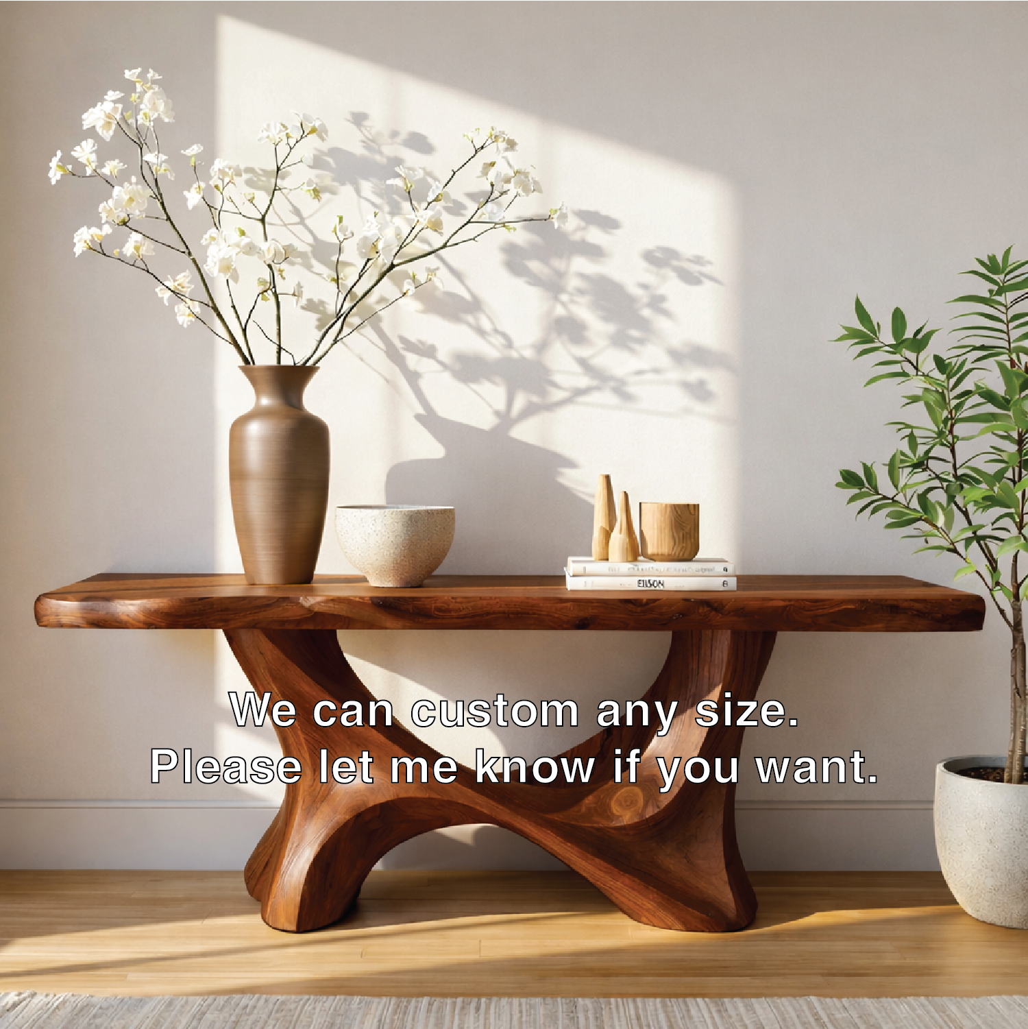 Handcrafted Solid Wood Console Table with Sculptural Organic Base and Live Edge Natural Finish