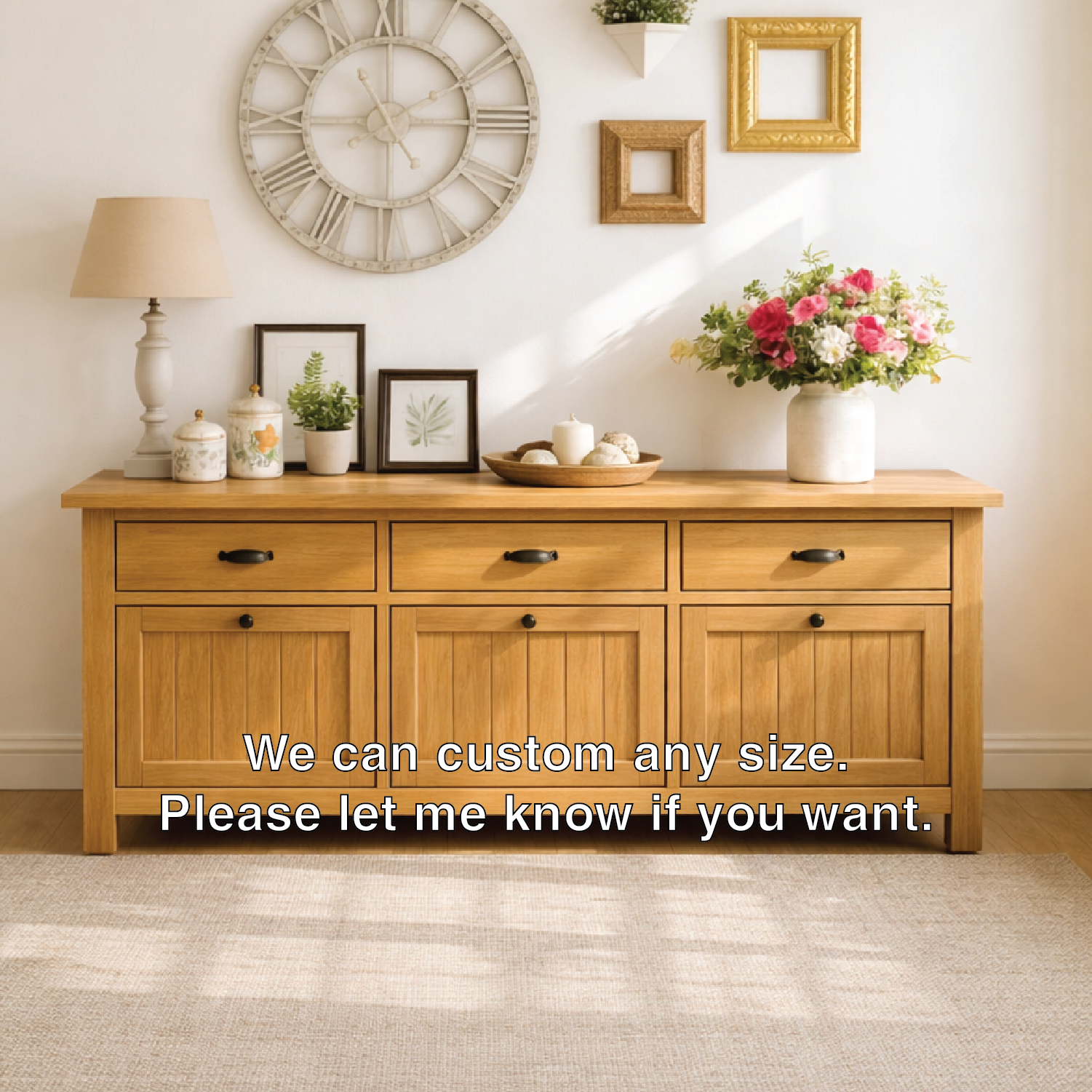Solid Wood Sideboard Console Table with Drawers and Cabinet, Farmhouse Wood Buffet Storage Cabinet