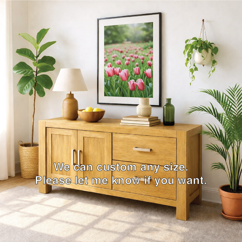 Solid Wood Console Table, Modern Wood Buffet Console with Doors and Drawers Storage