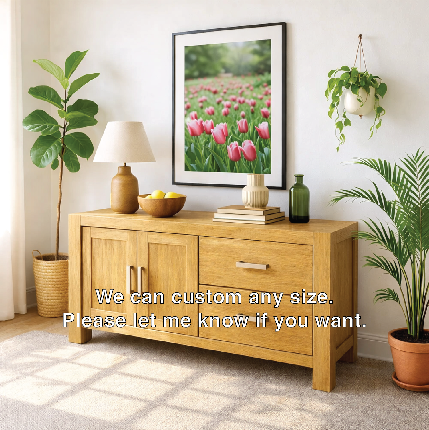 Solid Wood Console Table, Modern Wood Buffet Console with Doors and Drawers Storage
