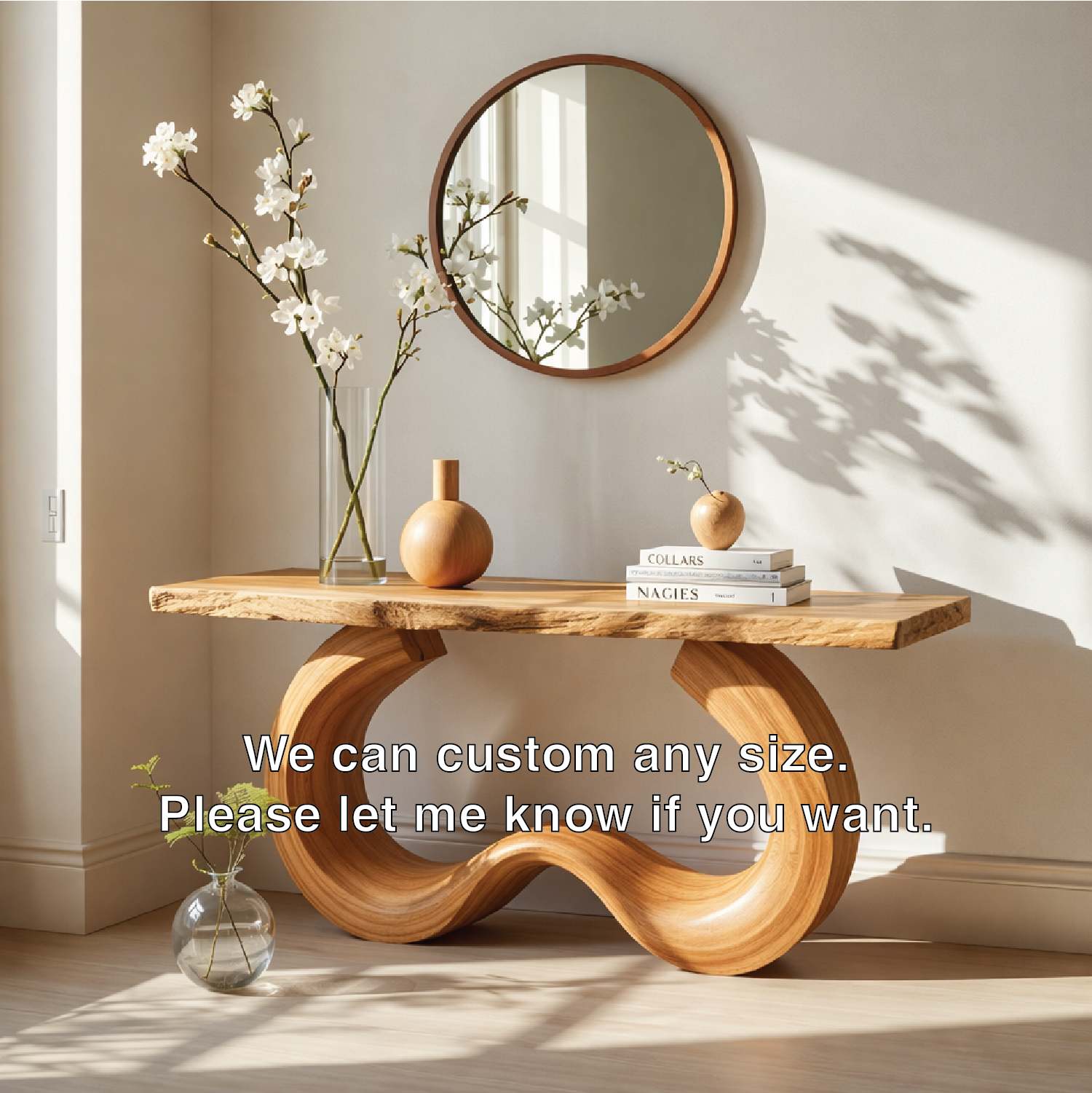 Handcrafted Solid Wood Console Table with Artistic Curved Base and Modern Minimalist Design
