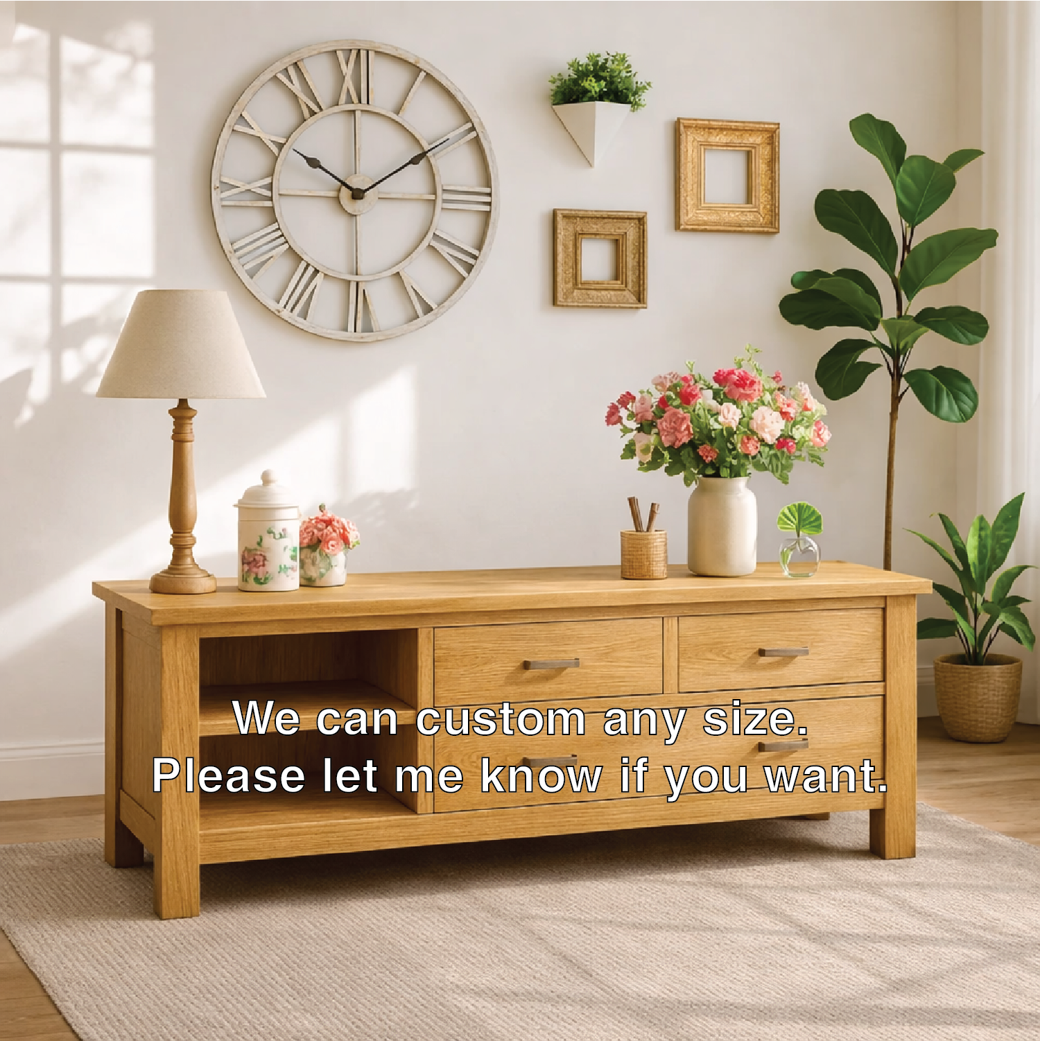 Solid Wood Console Table with Drawers, Farmhouse Wood Media Cabinet with Storage