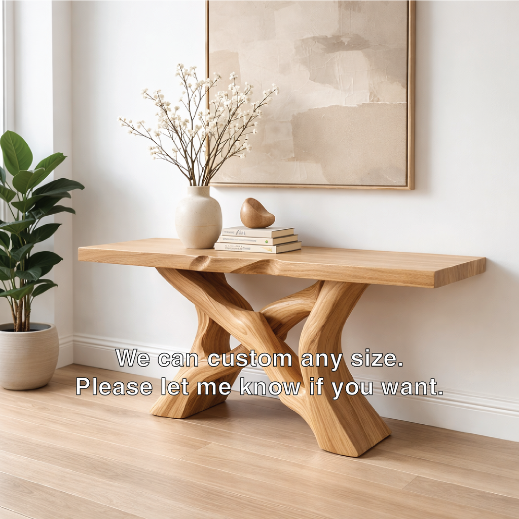 Handcrafted Solid Wood Console Table with Artistic Twisted Base and Natural Light Finish Design