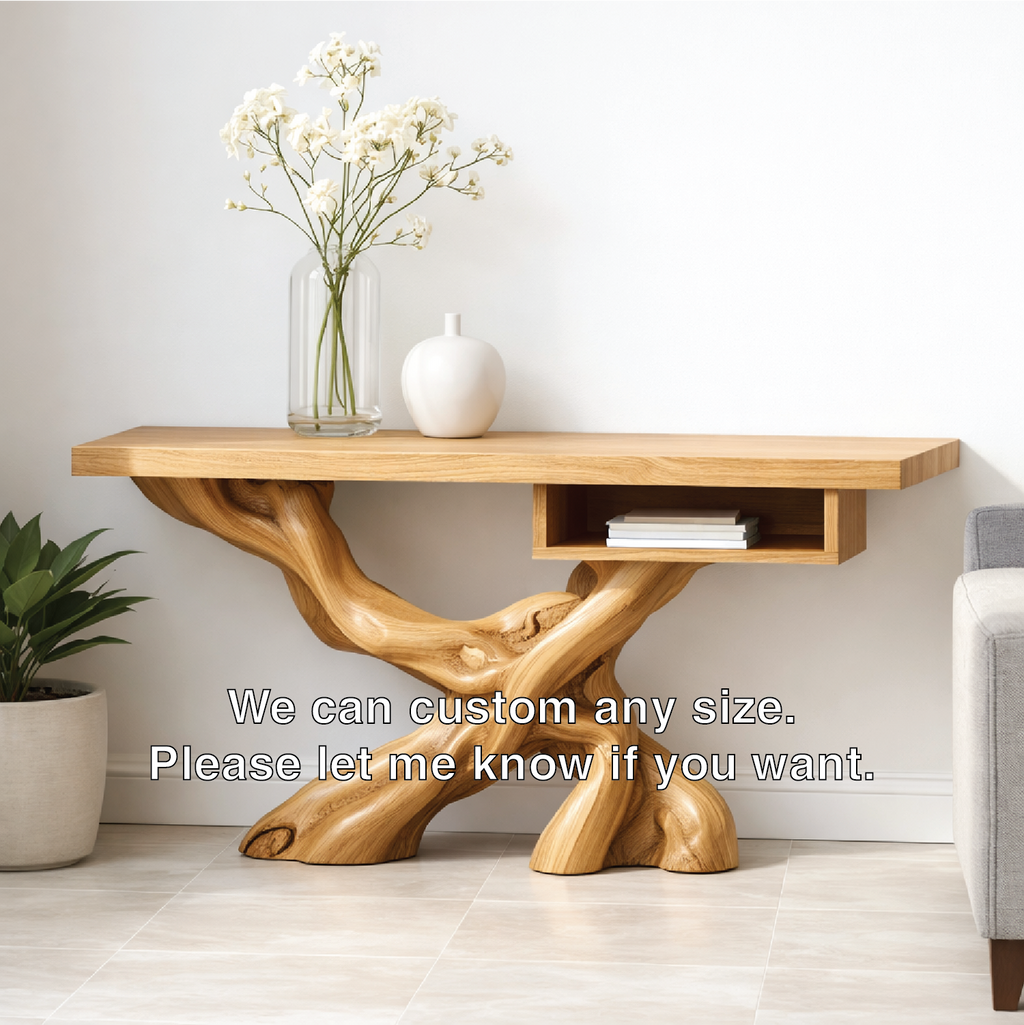 Handcrafted Solid Wood Console Table with Organic Tree-Root Base and Floating Shelf Design