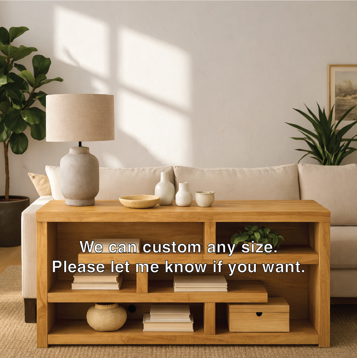 Modern Wood Console Table, Mid Century Media Console Cabinet with Open Storage Shelves