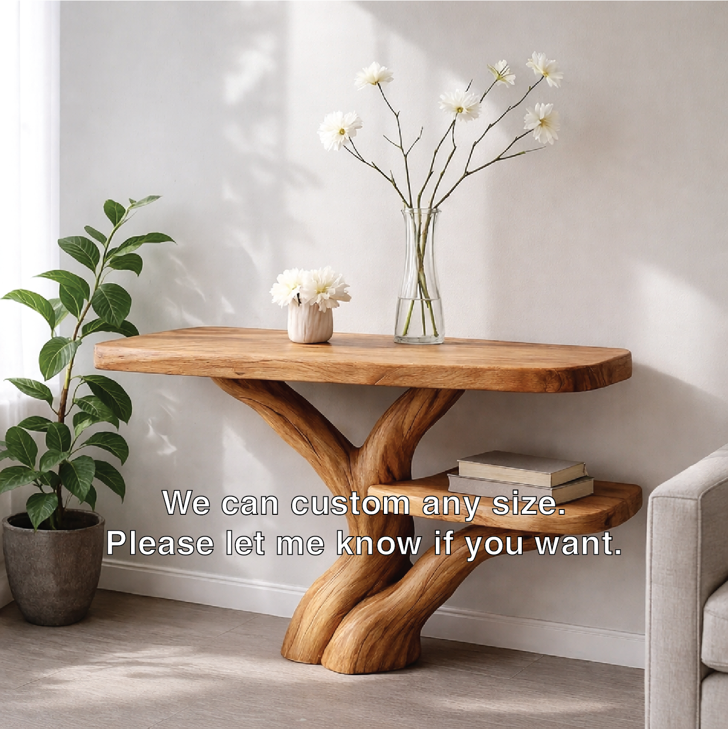 Handcrafted Tree Console Table – Solid Wood Entryway Table with Natural Root Design and Floating Shelf