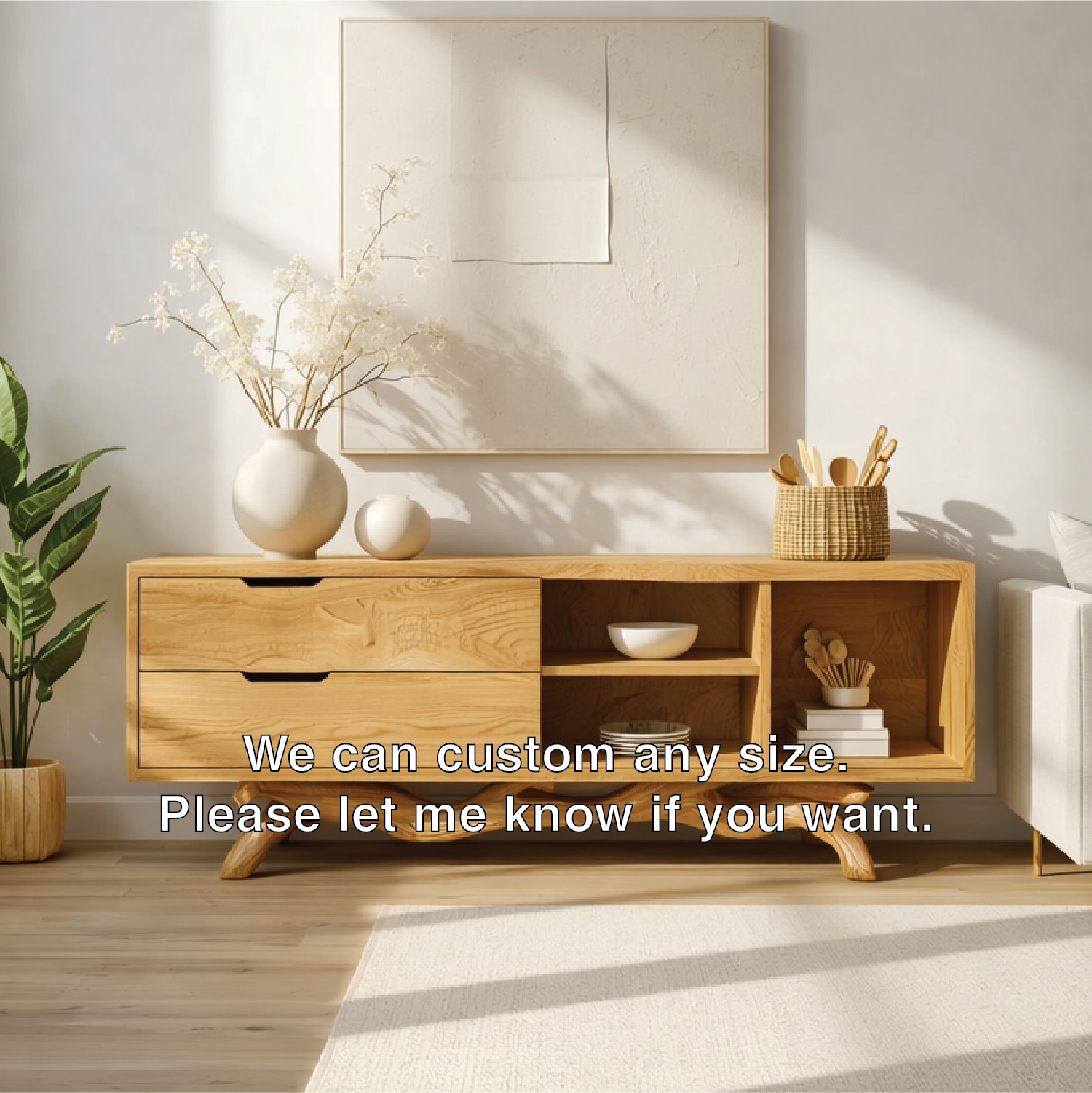 Modern Solid Wood Sideboard with Sculptural Base, Mid Century Storage Cabinet