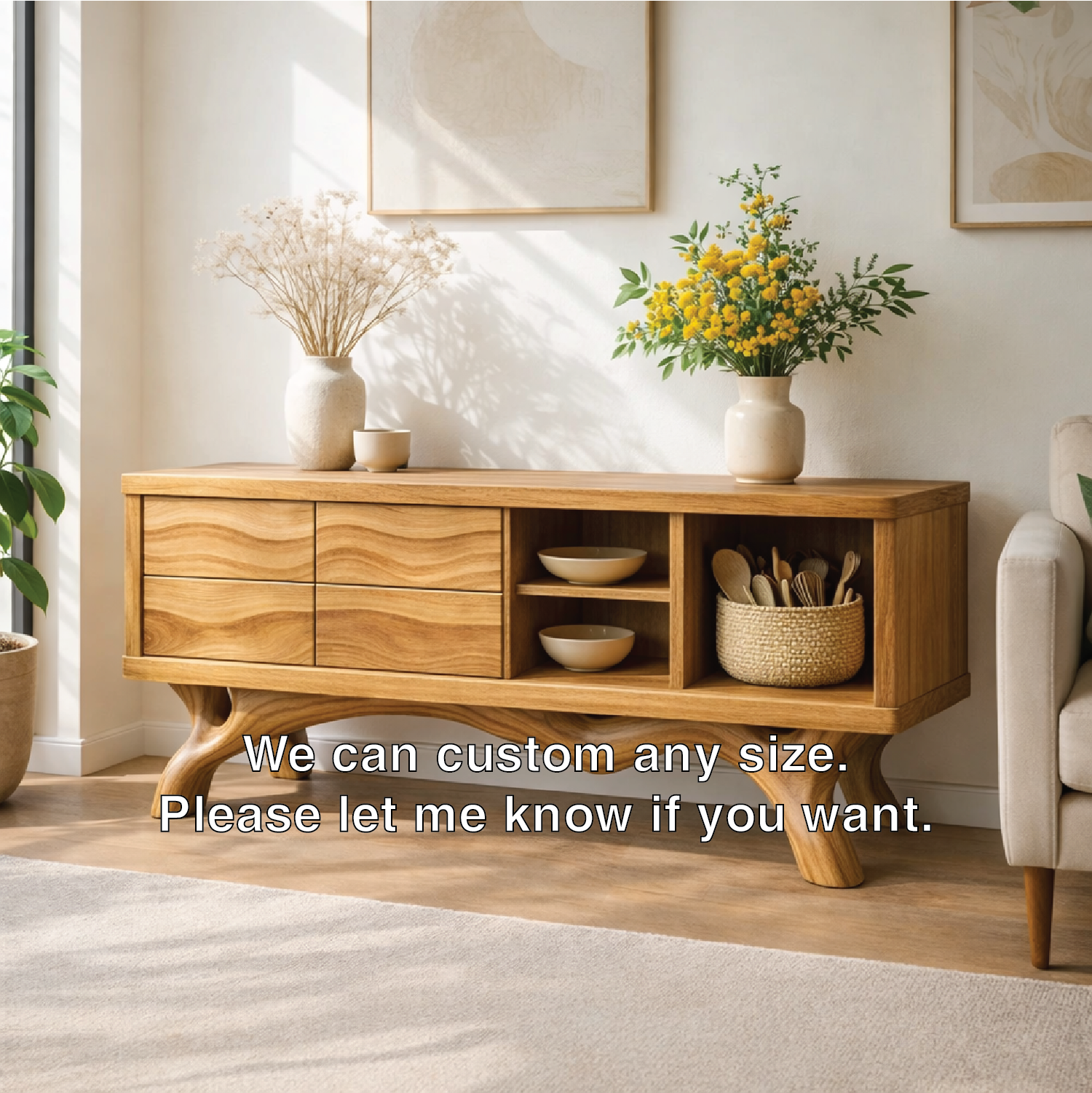 Modern Solid Wood Sideboard Cabinet, Oak Buffet Storage Console with Shelves and Drawers
