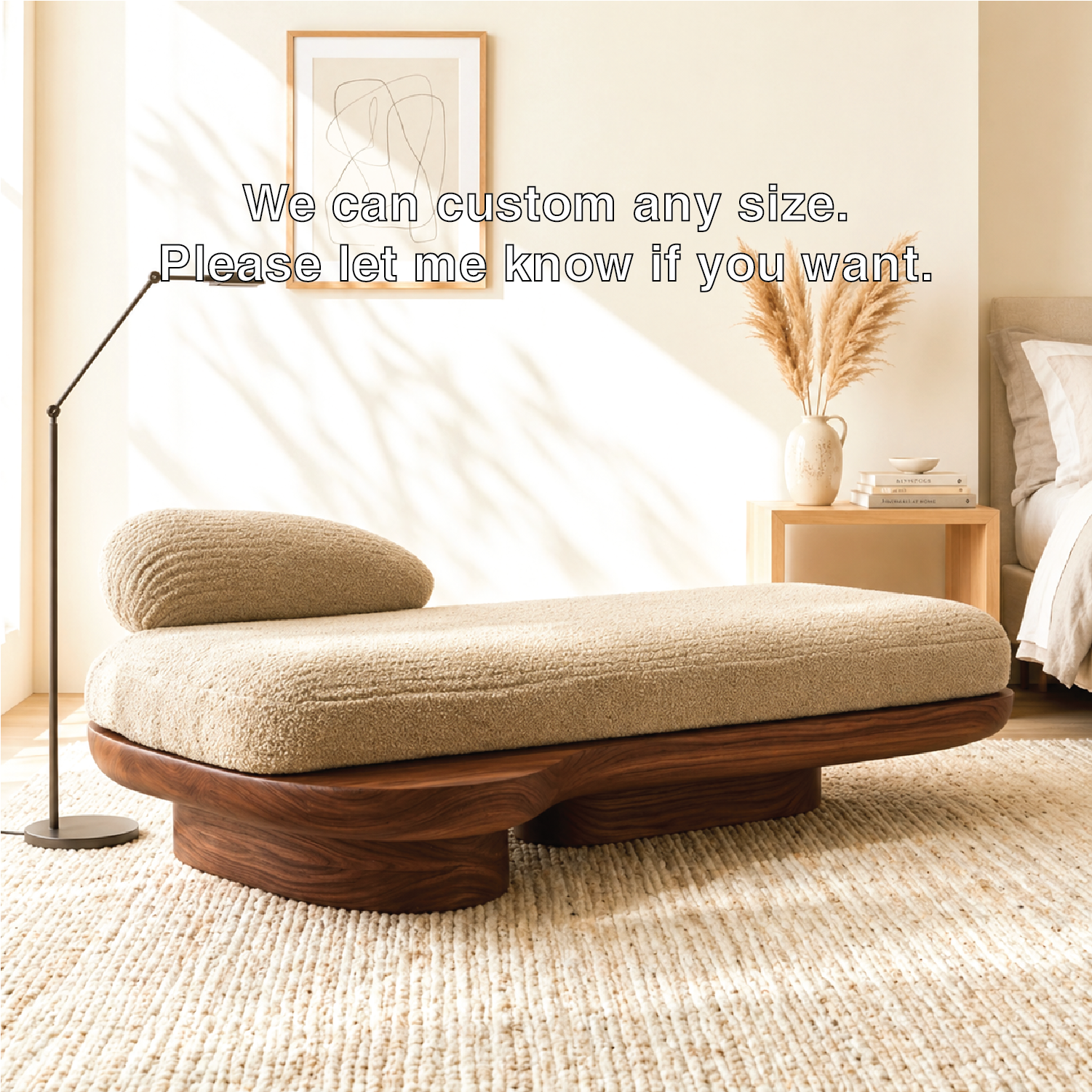 Sculptural Upholstered Daybed With Curved Base, Boucle Cushion, Bedroom Lounge Seat