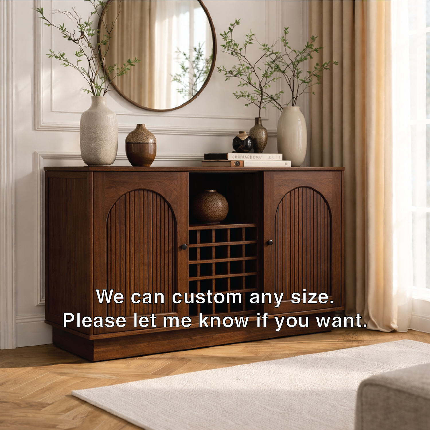 Arched Slatted Wood Wine Cabinet with Bottle Rack Modern Bar Storage