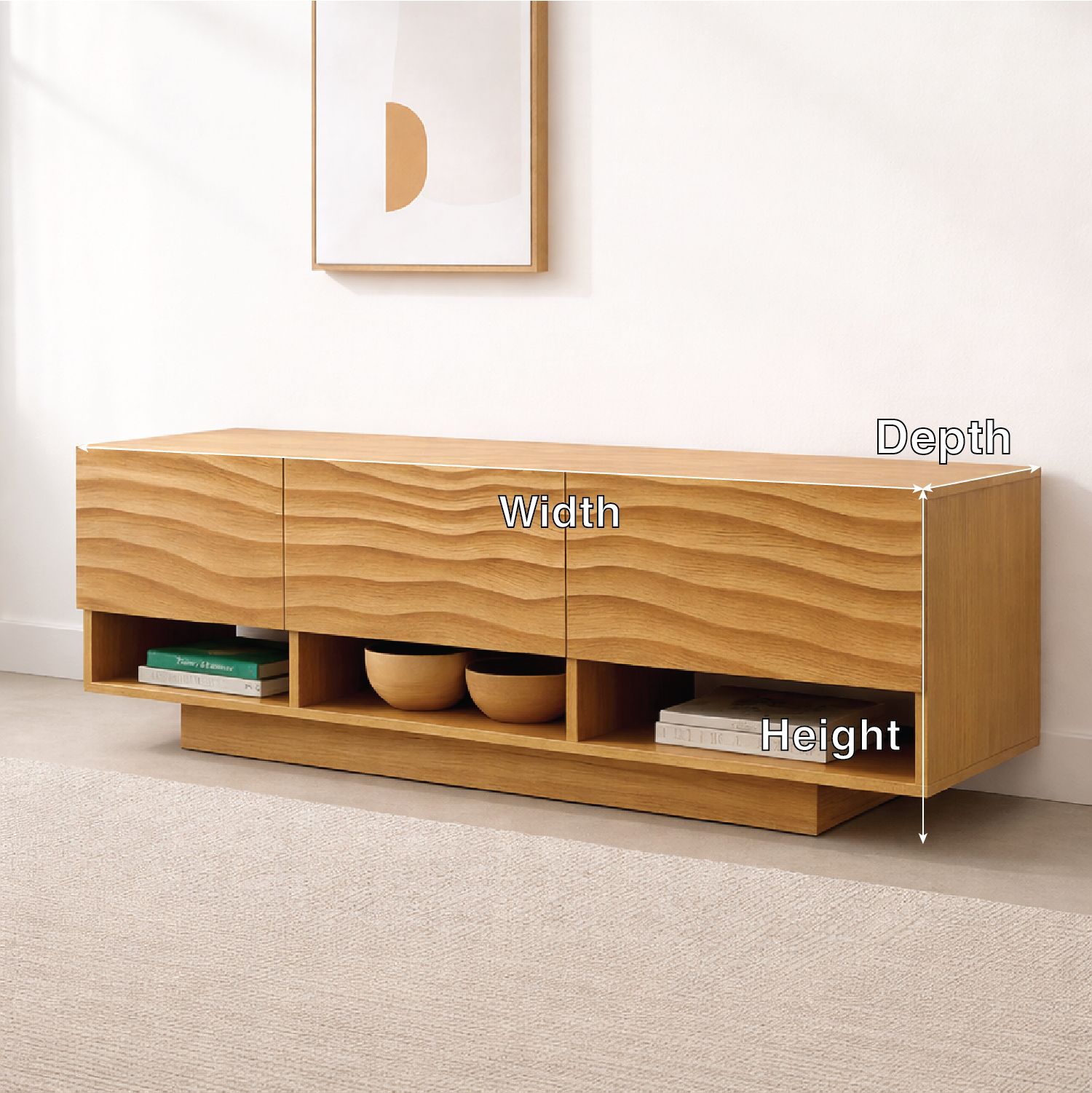 Modern Solid Wood Console Table, Minimalist Oak Media Console Cabinet with Storage Shelves