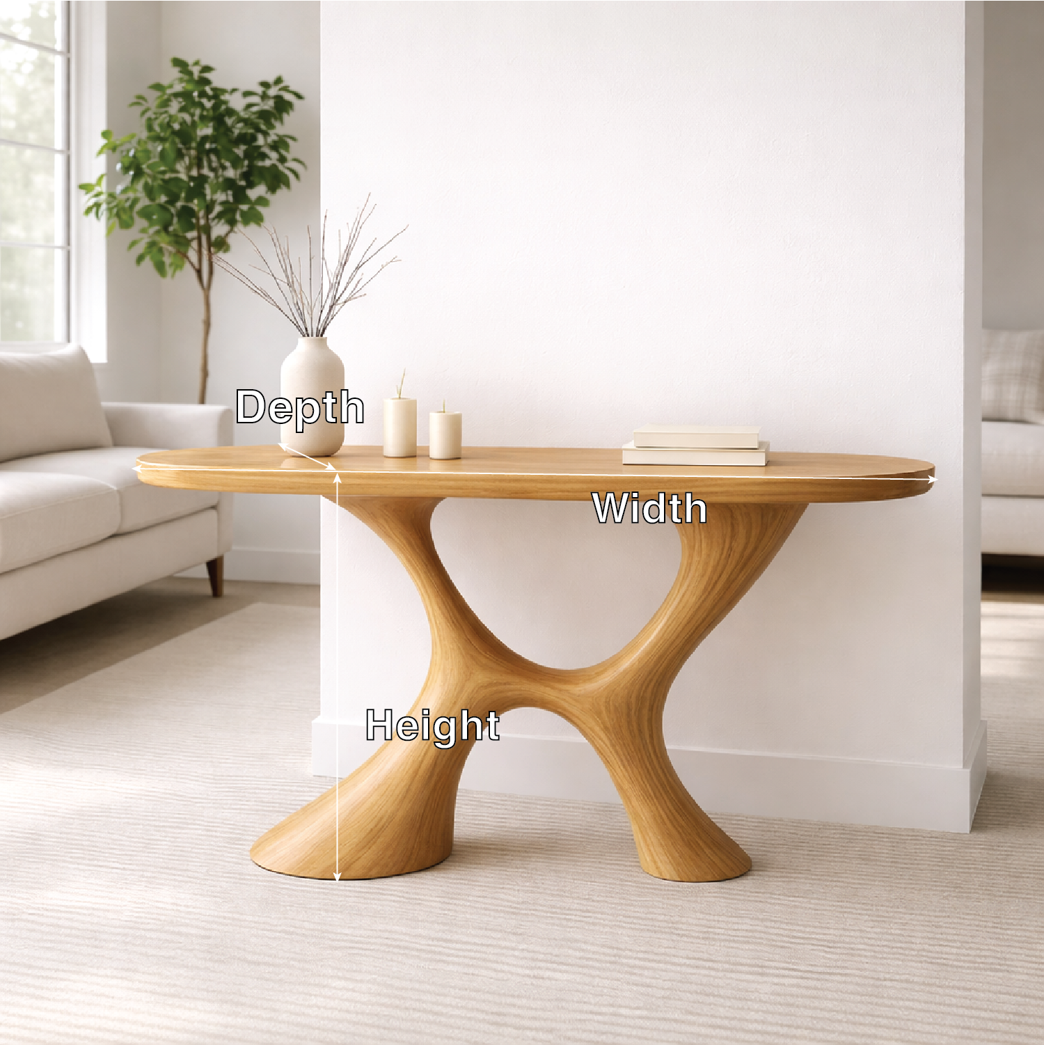 Modern Solid Wood Console Table, Sculptural Organic Base Entryway Hallway Oak Statement Furniture