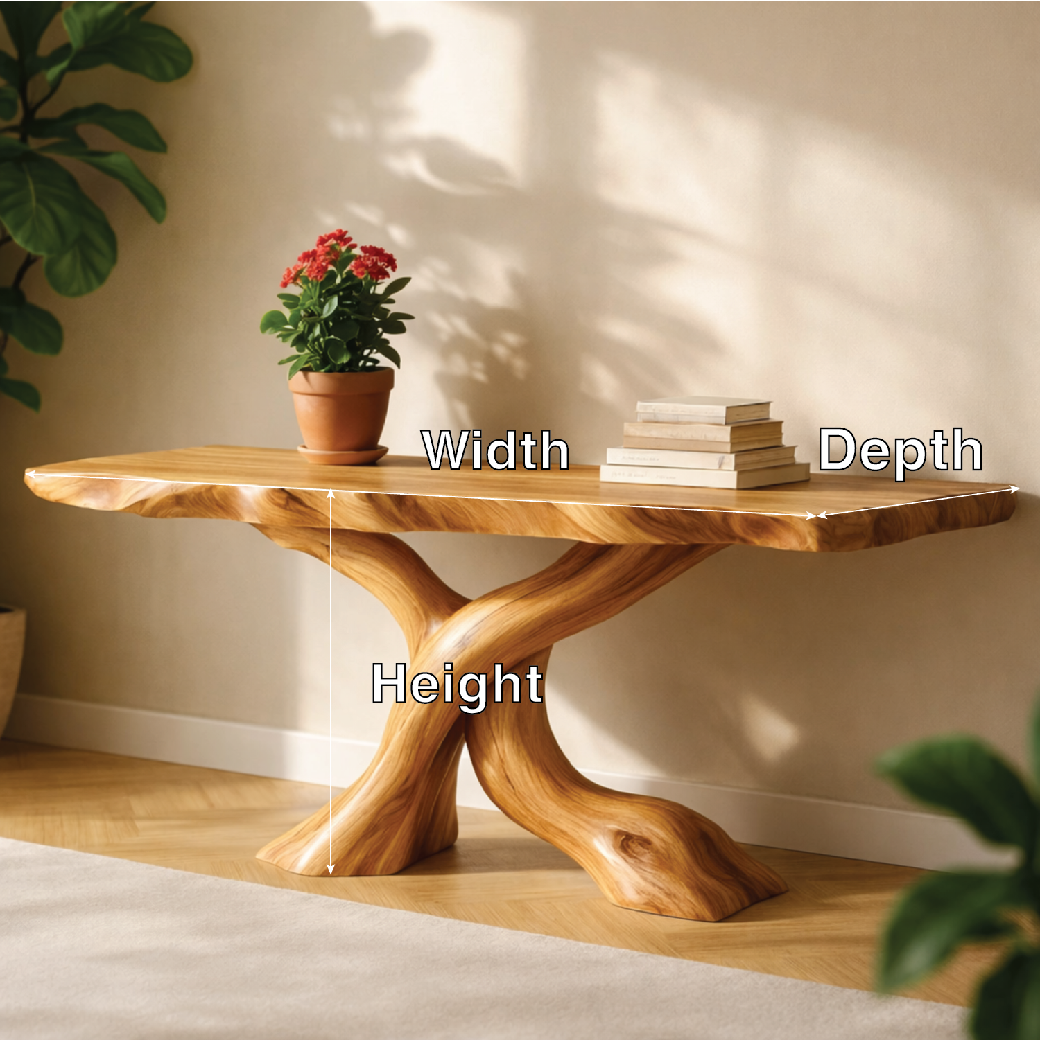 Solid Wood Entryway Console Table with Twisted Trunk Base and Natural Live Edge