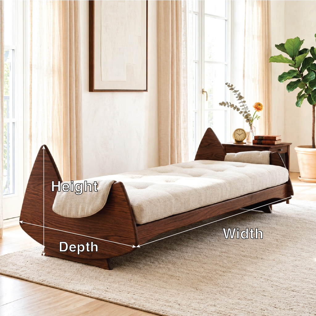 Sculptural Upholstered Daybed With Arched Ends, Cream Cushion, Bedroom Lounge Bench