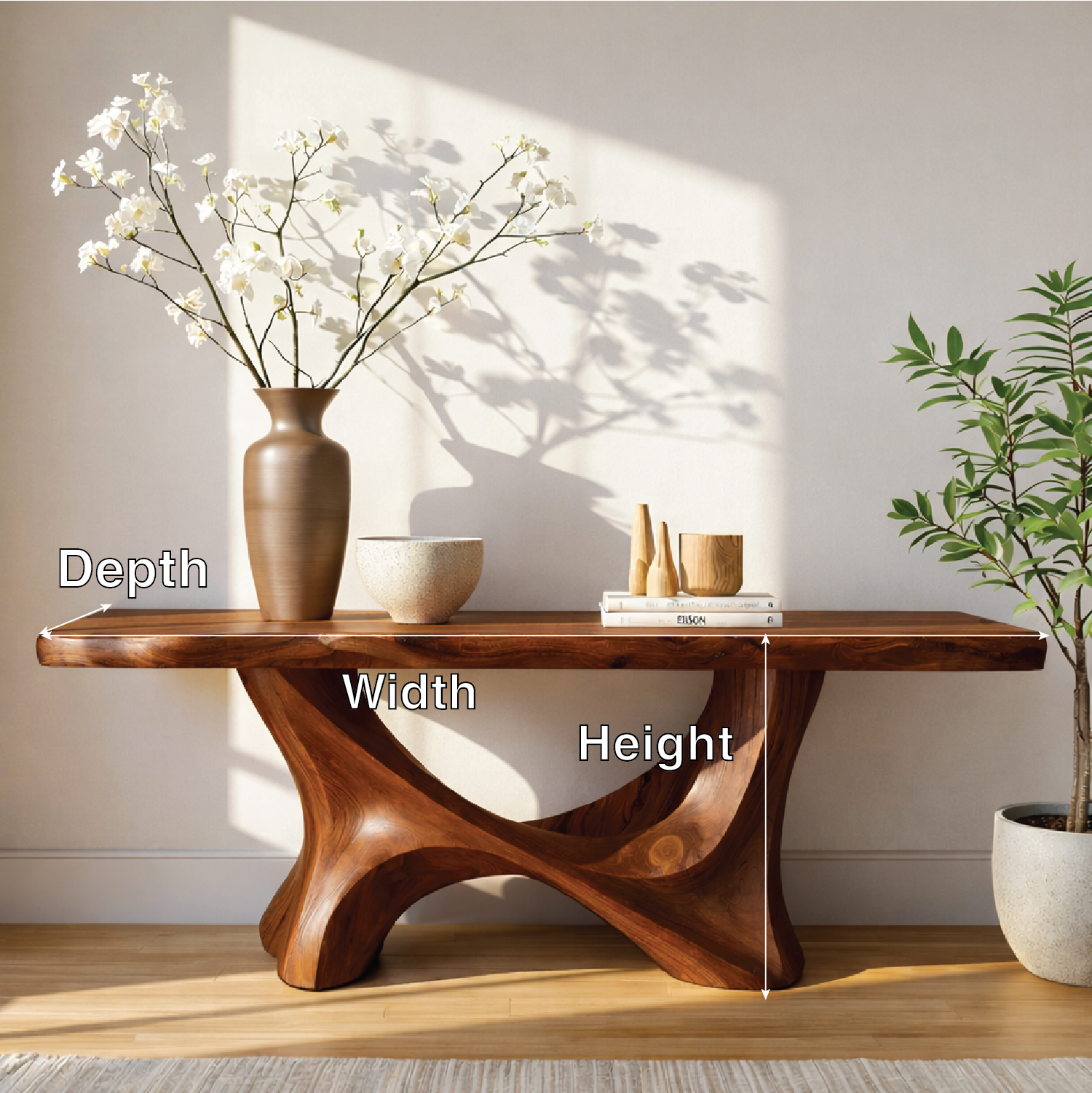 Handcrafted Solid Wood Console Table with Sculptural Organic Base and Live Edge Natural Finish
