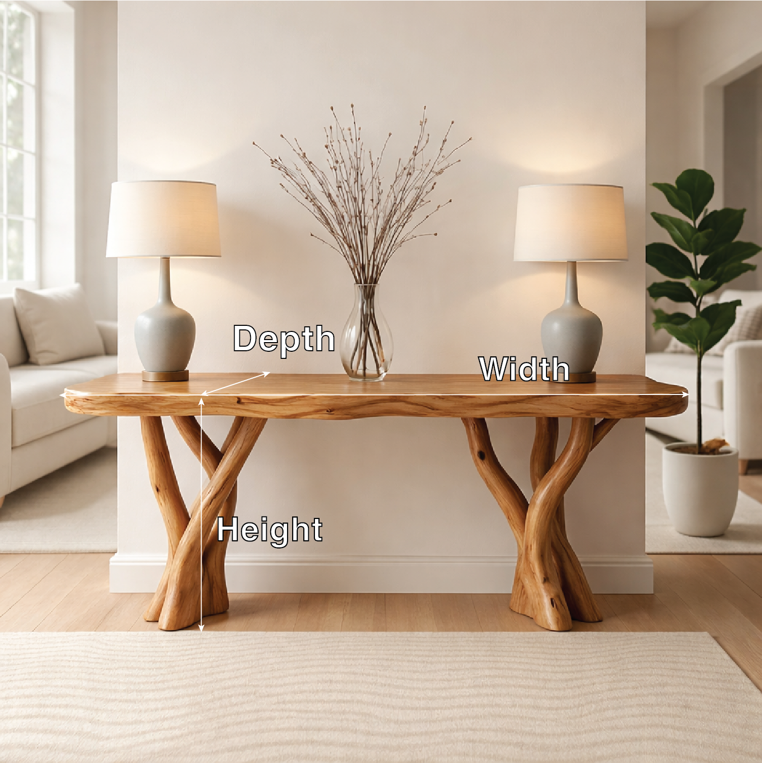 Rustic Solid Wood Console Table, Sculptural Branch Base Entryway Hallway Furniture