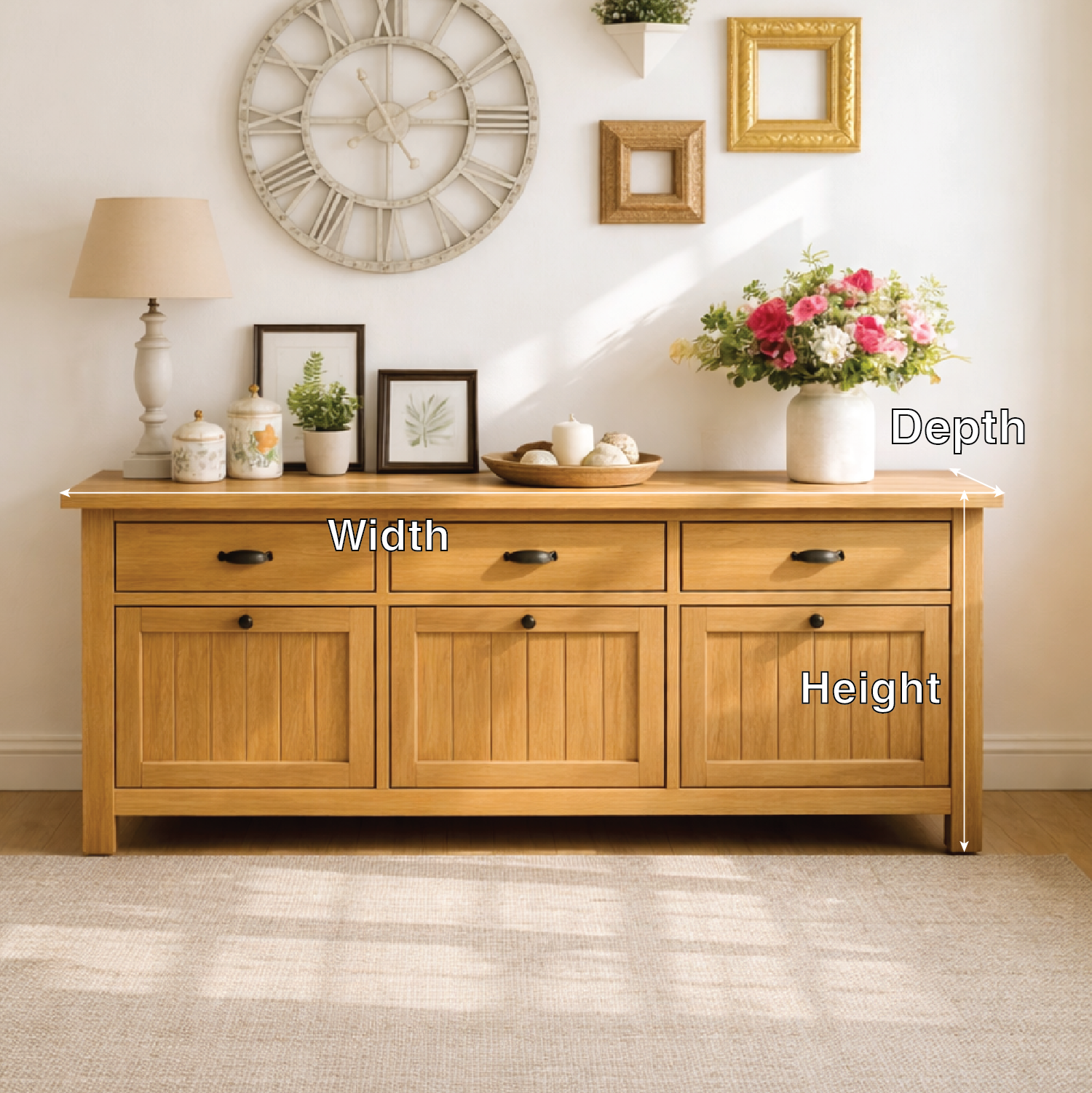 Solid Wood Sideboard Console Table with Drawers and Cabinet, Farmhouse Wood Buffet Storage Cabinet