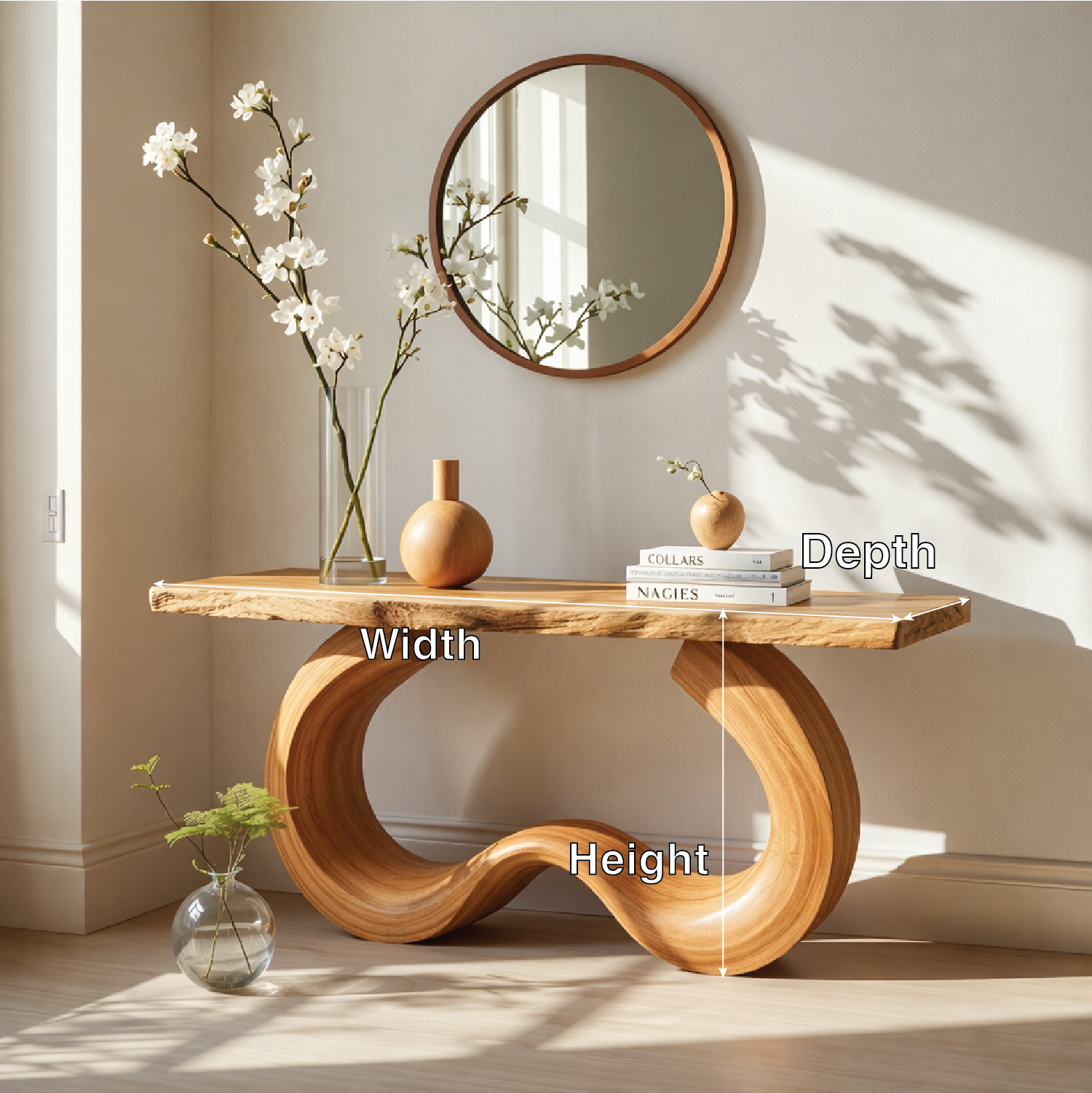 Handcrafted Solid Wood Console Table with Artistic Curved Base and Modern Minimalist Design