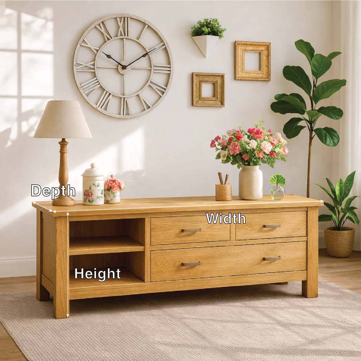 Solid Wood Console Table with Drawers, Farmhouse Wood Media Cabinet with Storage