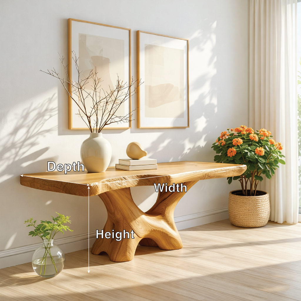 Handcrafted Solid Wood Console Table with Sculptural Base and Natural Grain Live Edge Design