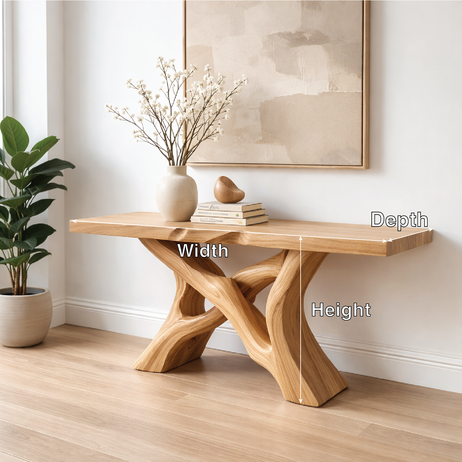 Handcrafted Solid Wood Console Table with Artistic Twisted Base and Natural Light Finish Design