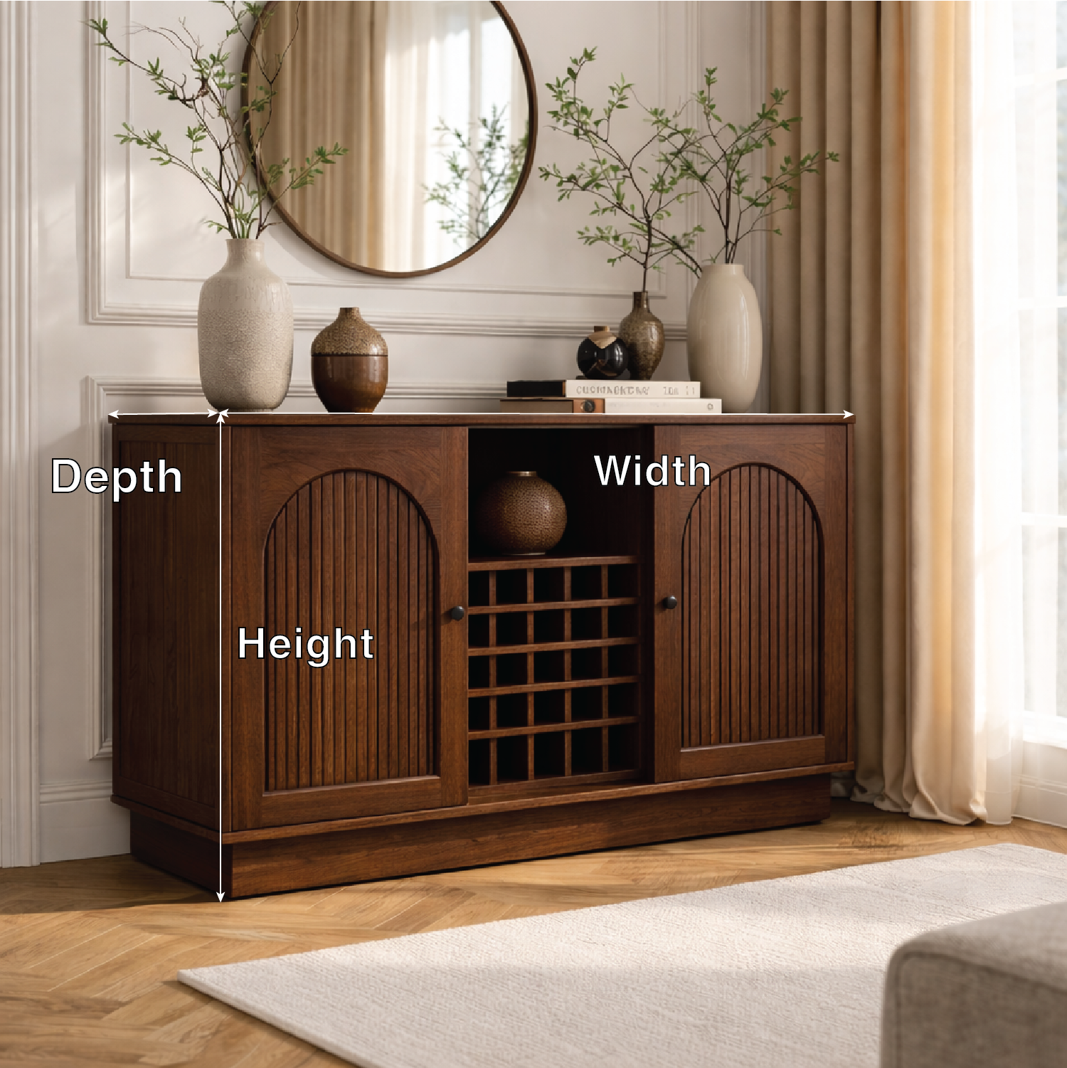 Arched Slatted Wood Wine Cabinet with Bottle Rack Modern Bar Storage