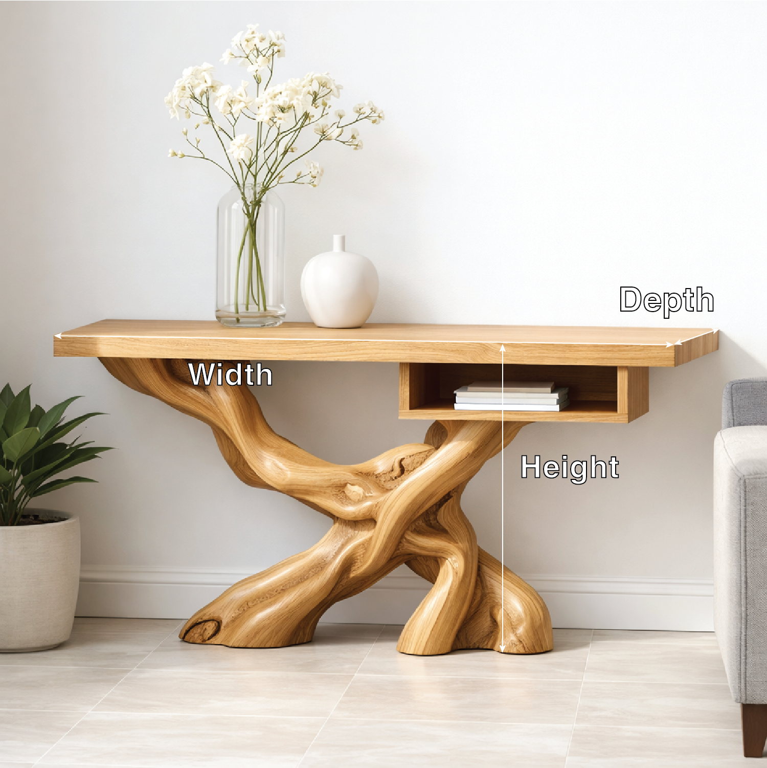 Handcrafted Solid Wood Console Table with Organic Tree-Root Base and Floating Shelf Design