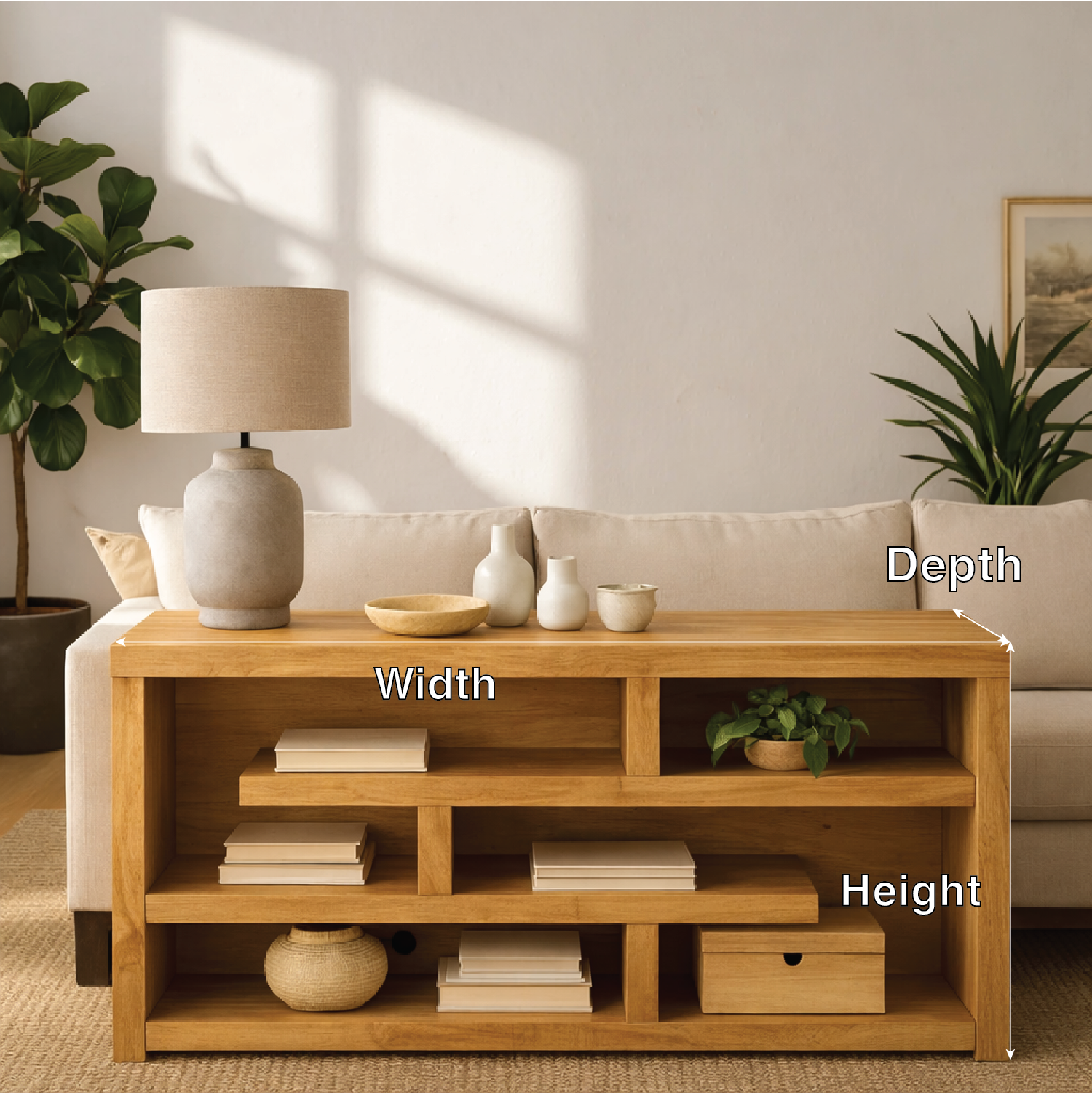 Modern Wood Console Table, Mid Century Media Console Cabinet with Open Storage Shelves