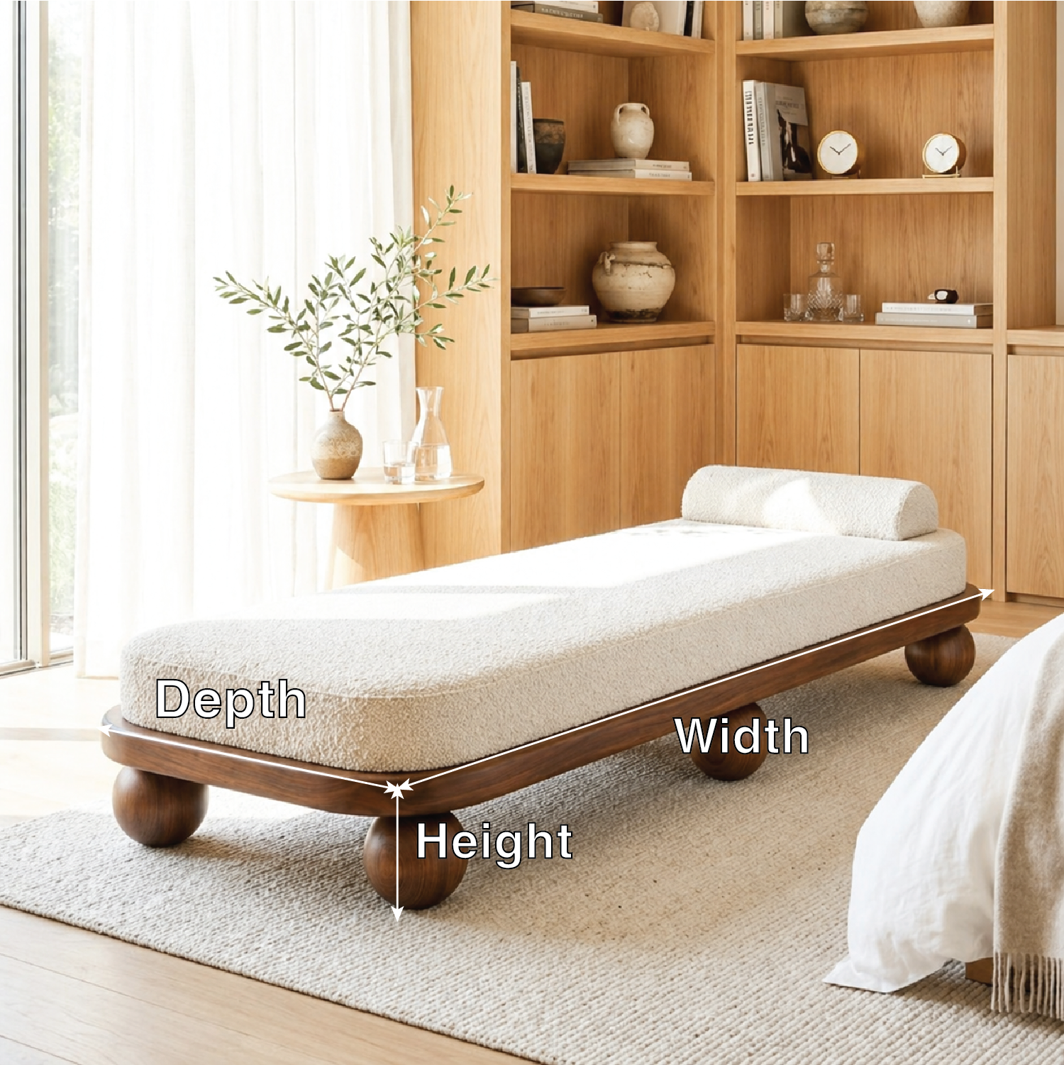 Modern Upholstered Daybed With Rounded Frame, Sculptural Ball Legs, Bedroom Lounge