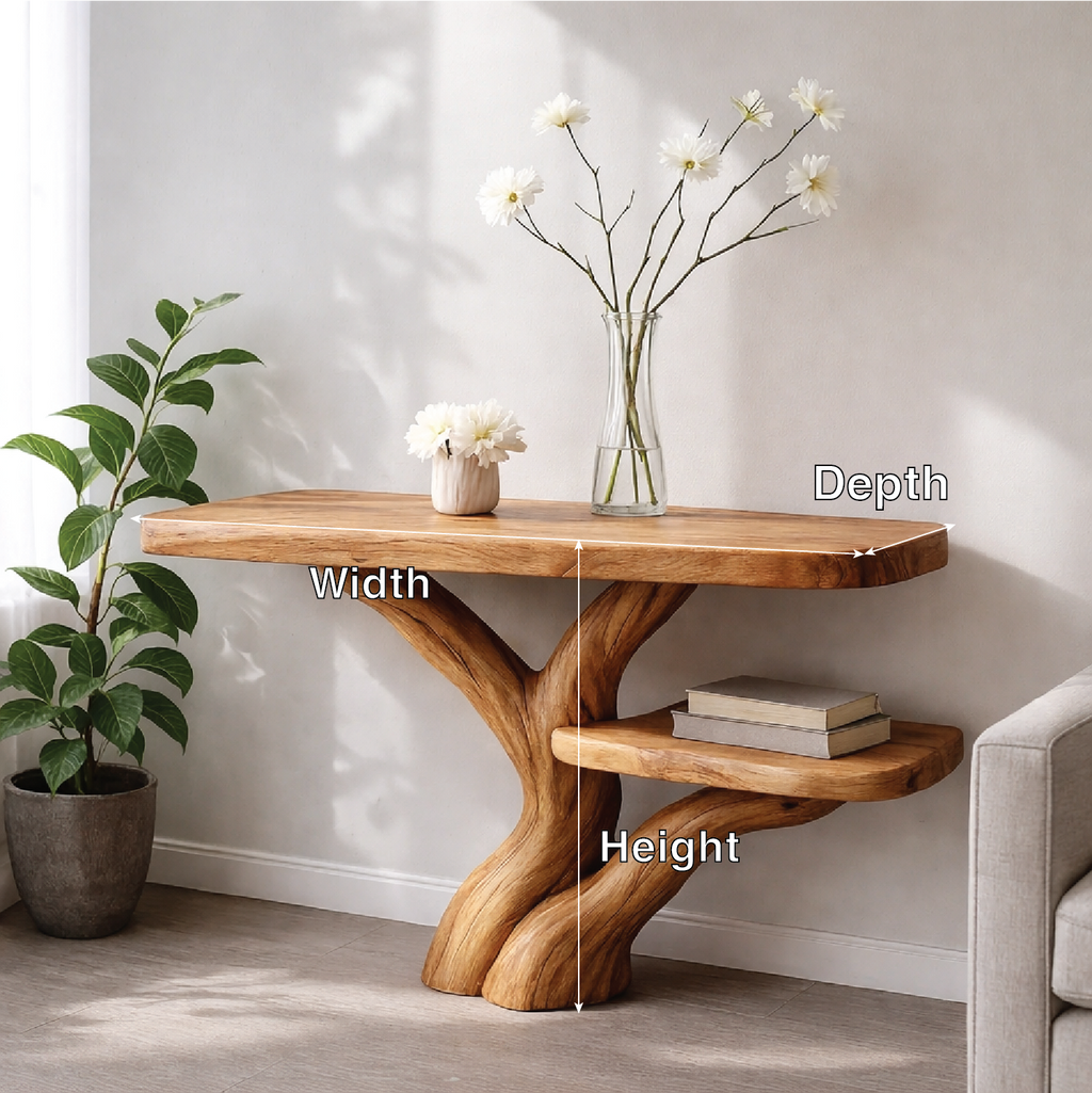 Handcrafted Tree Console Table – Solid Wood Entryway Table with Natural Root Design and Floating Shelf