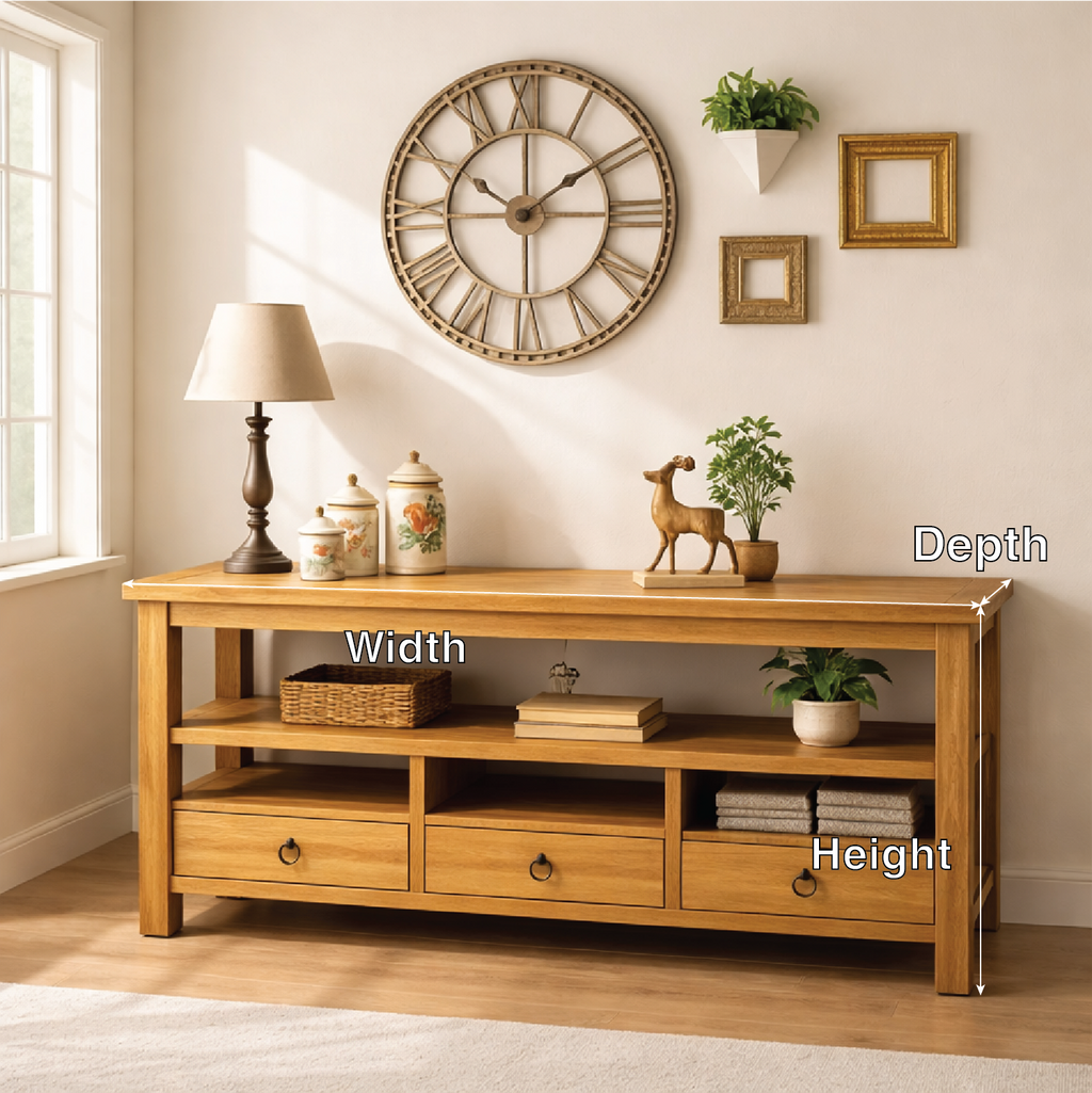 Solid Wood Console Table with Drawers, Rustic Oak Media Console Table with Open Shelves