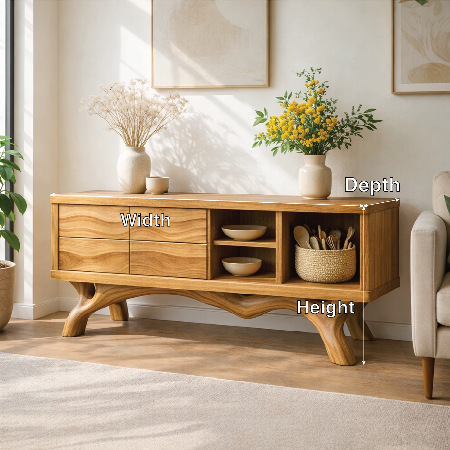 Modern Solid Wood Sideboard Cabinet, Oak Buffet Storage Console with Shelves and Drawers