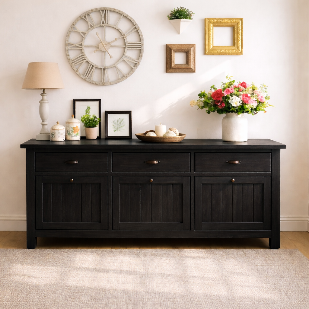 Solid Wood Sideboard Console Table with Drawers and Cabinet, Farmhouse Wood Buffet Storage Cabinet