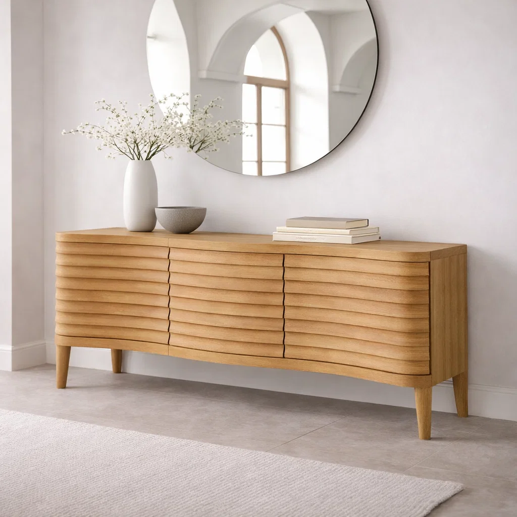 Solid Wood Console Table with Fluted Front – Modern Entryway Storage Sideboard