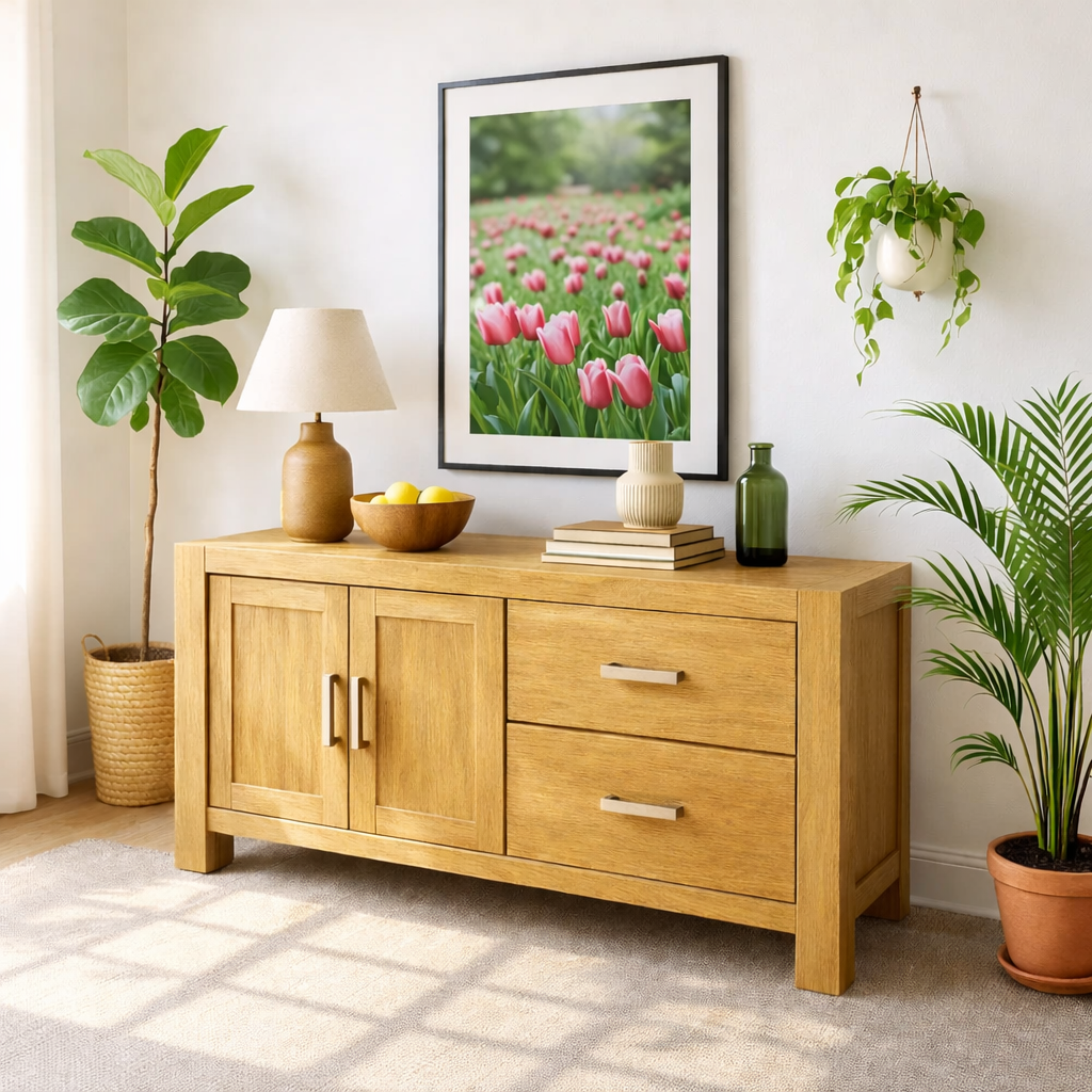 Solid Wood Console Table, Modern Wood Buffet Console with Doors and Drawers Storage
