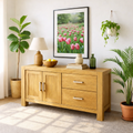 Solid Wood Console Table, Modern Wood Buffet Console with Doors and Drawers Storage
