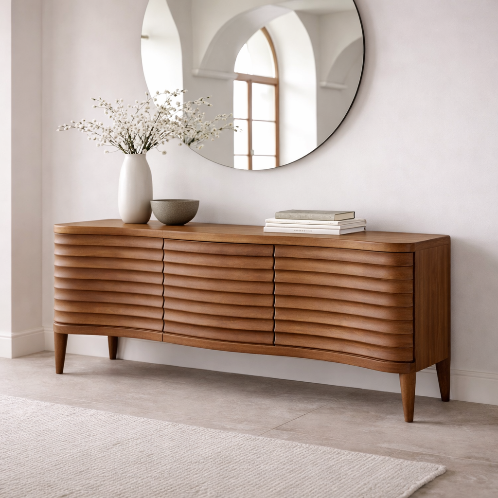 Solid Wood Console Table with Fluted Front – Modern Entryway Storage Sideboard