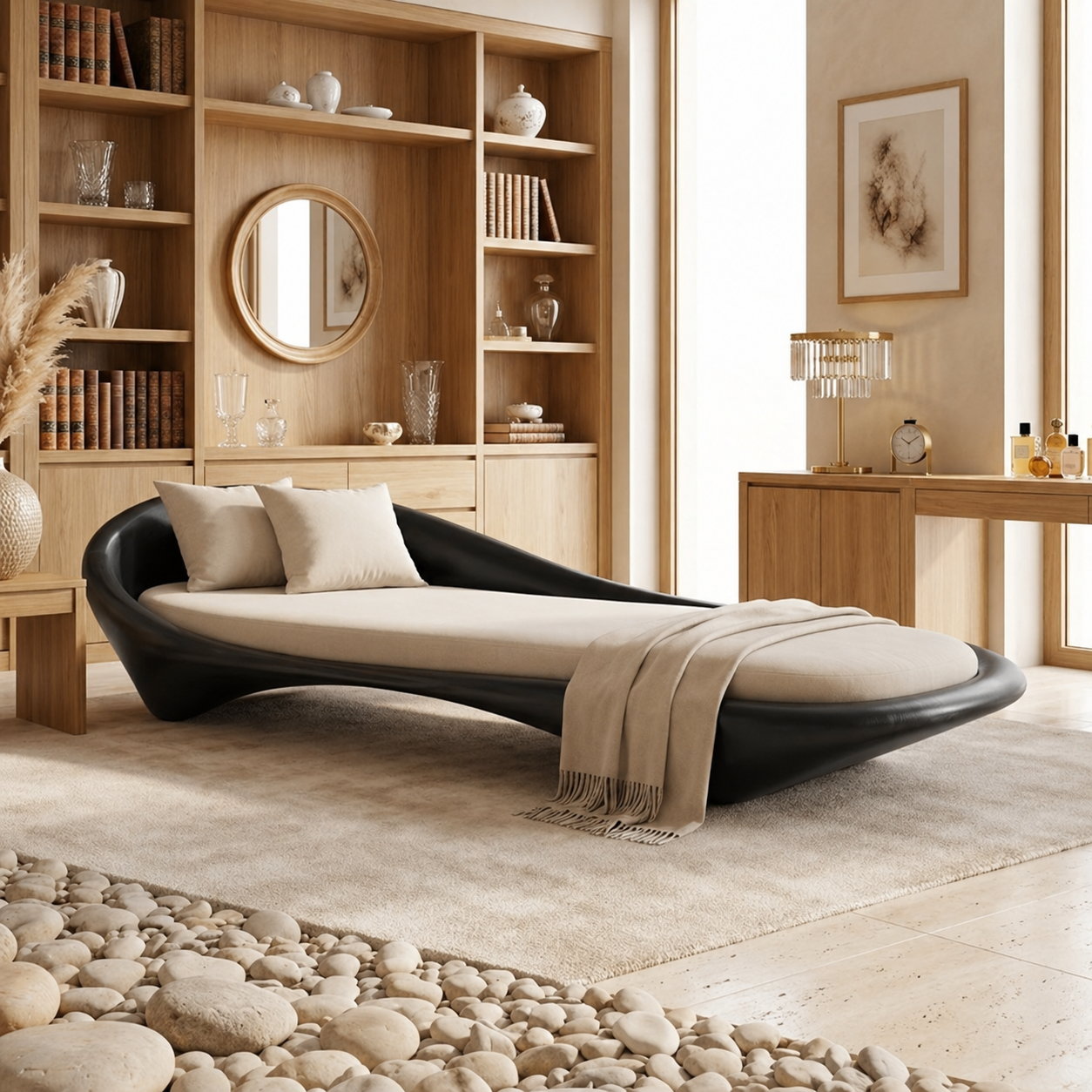 Luxury Curved Chaise Lounge Sculptural Daybed with Cushion for Bedroom Decor