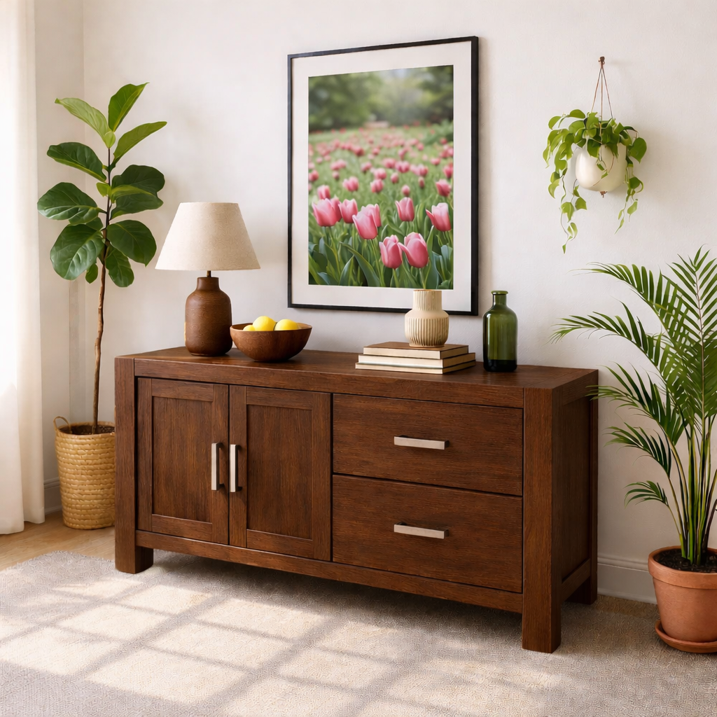Solid Wood Console Table, Modern Wood Buffet Console with Doors and Drawers Storage