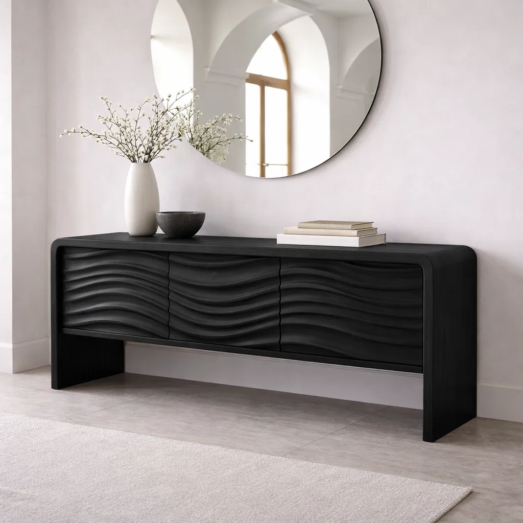 Solid Wood Console Table with Curved Frame and Wave Front – Modern Sideboard