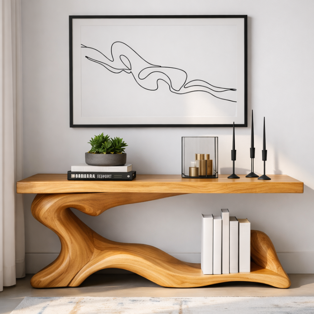 Handcrafted Solid Wood Console Table with Sculptural Organic Base and Modern Minimalist Design