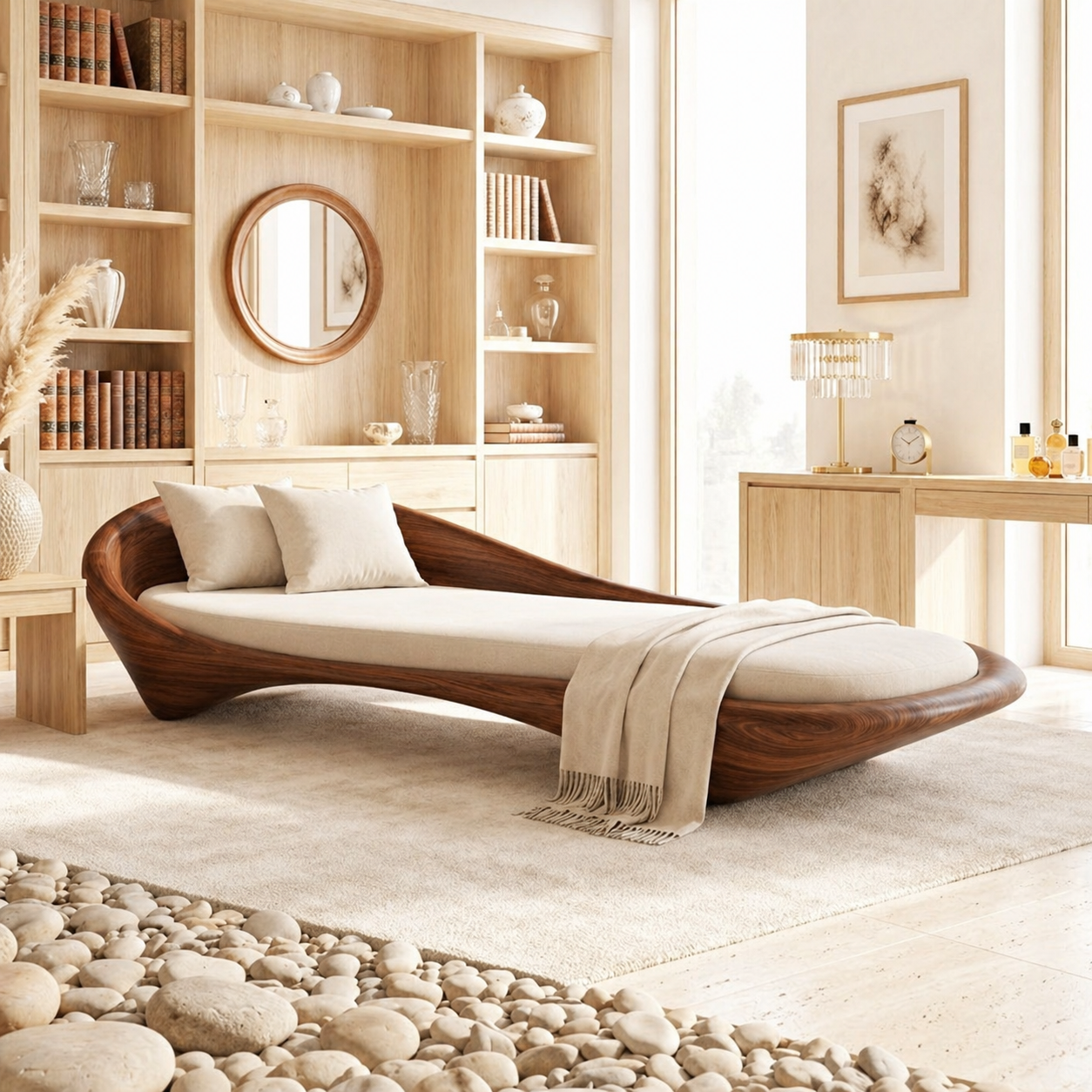 Luxury Curved Chaise Lounge Sculptural Daybed with Cushion for Bedroom Decor