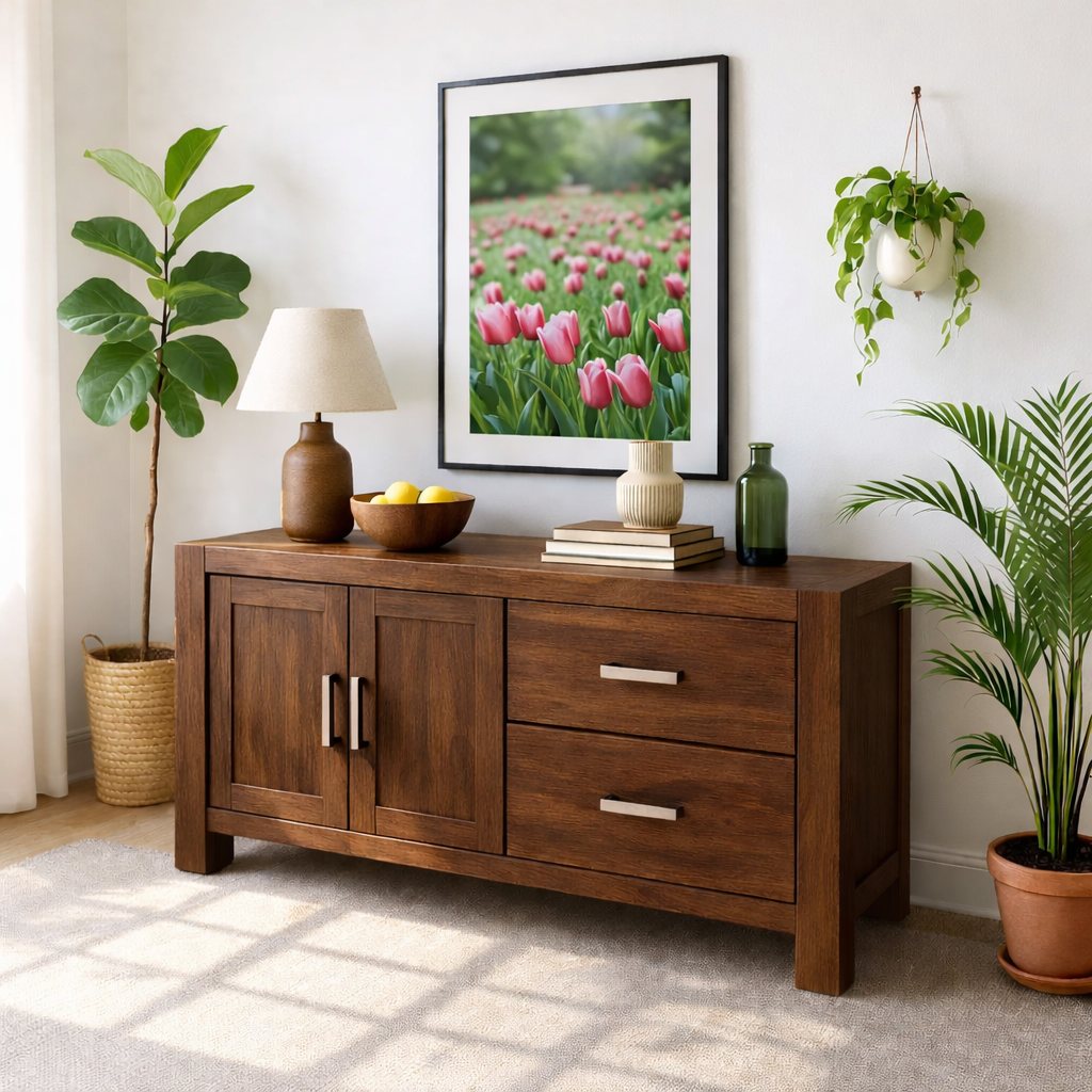 Solid Wood Console Table, Modern Wood Buffet Console with Doors and Drawers Storage